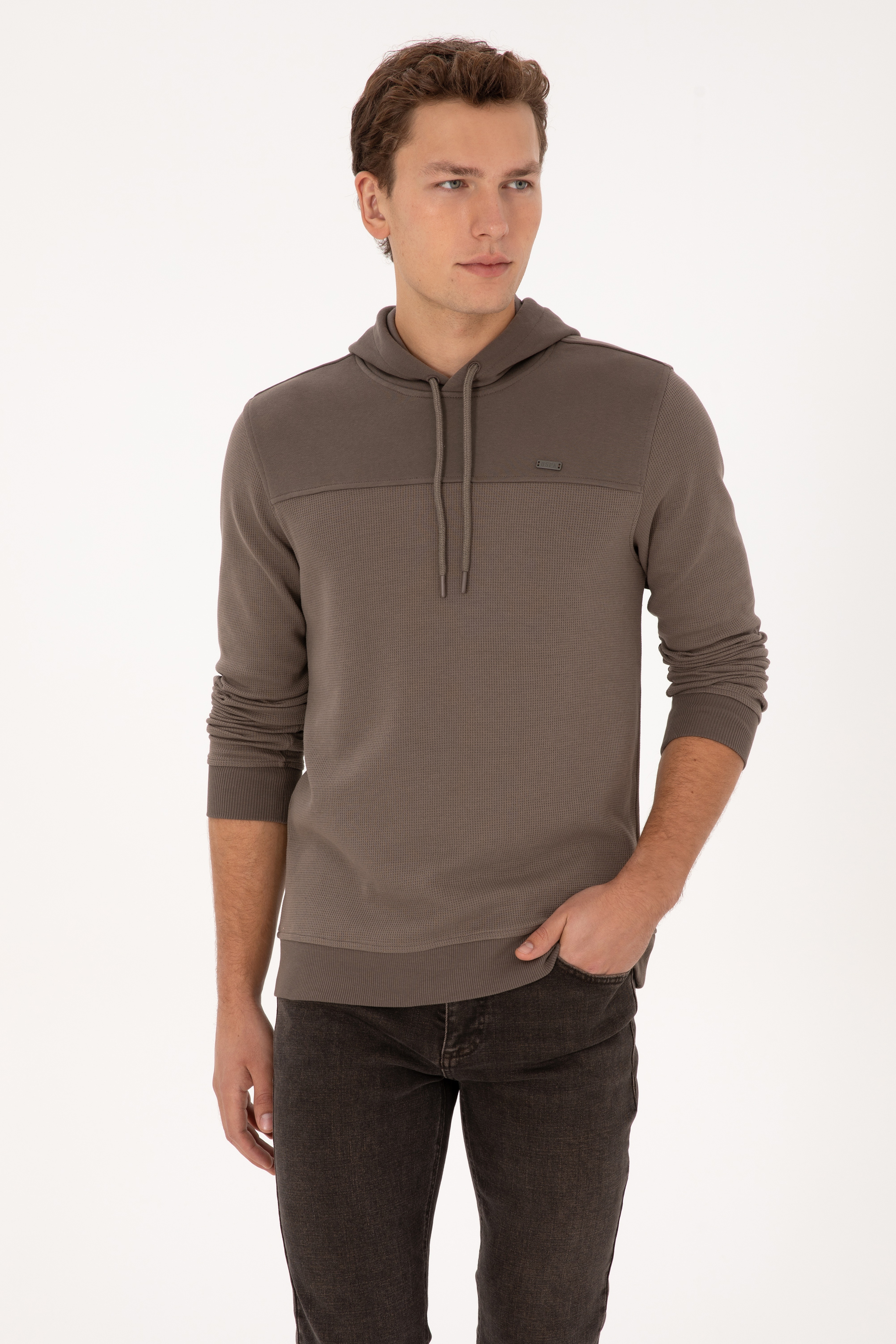 Erkek Regular Fit Kapüşonlu Petek Dokulu Vizon Sweatshirt - Image 3