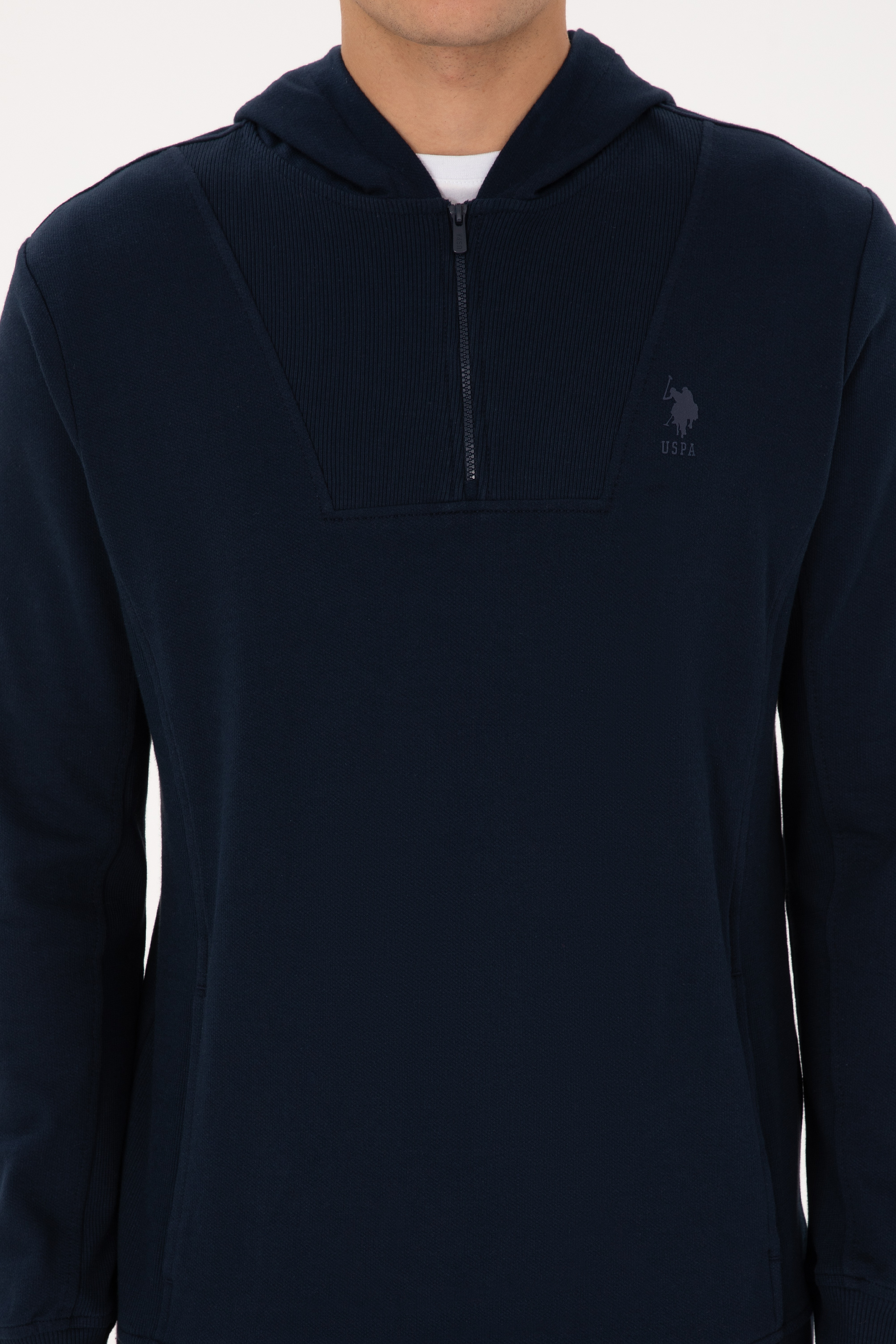 Erkek Regular Fit Yarım Fermuarlı Kapüşonlu Lacivert Sweatshirt