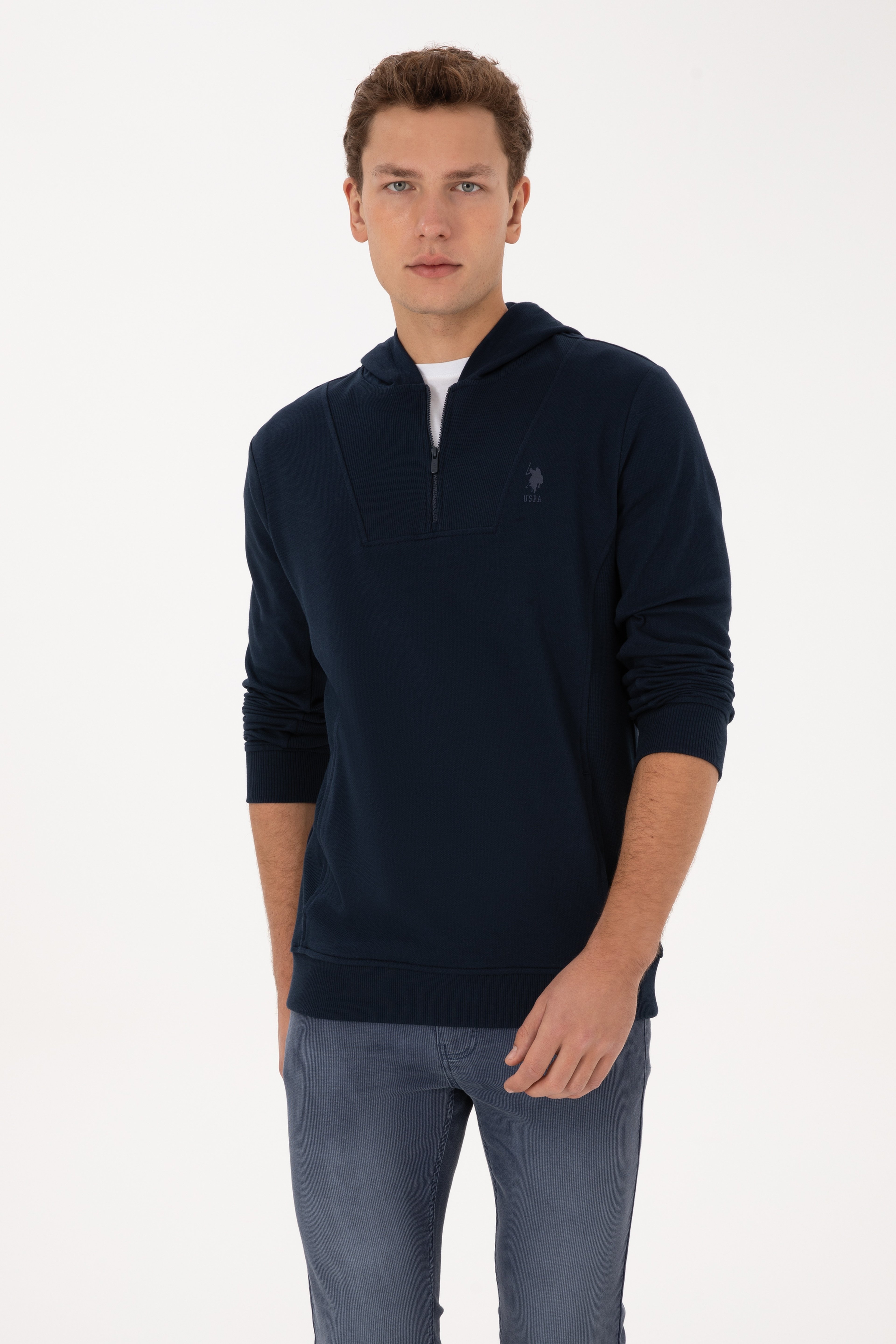 Erkek Regular Fit Yarım Fermuarlı Kapüşonlu Lacivert Sweatshirt - Image 1