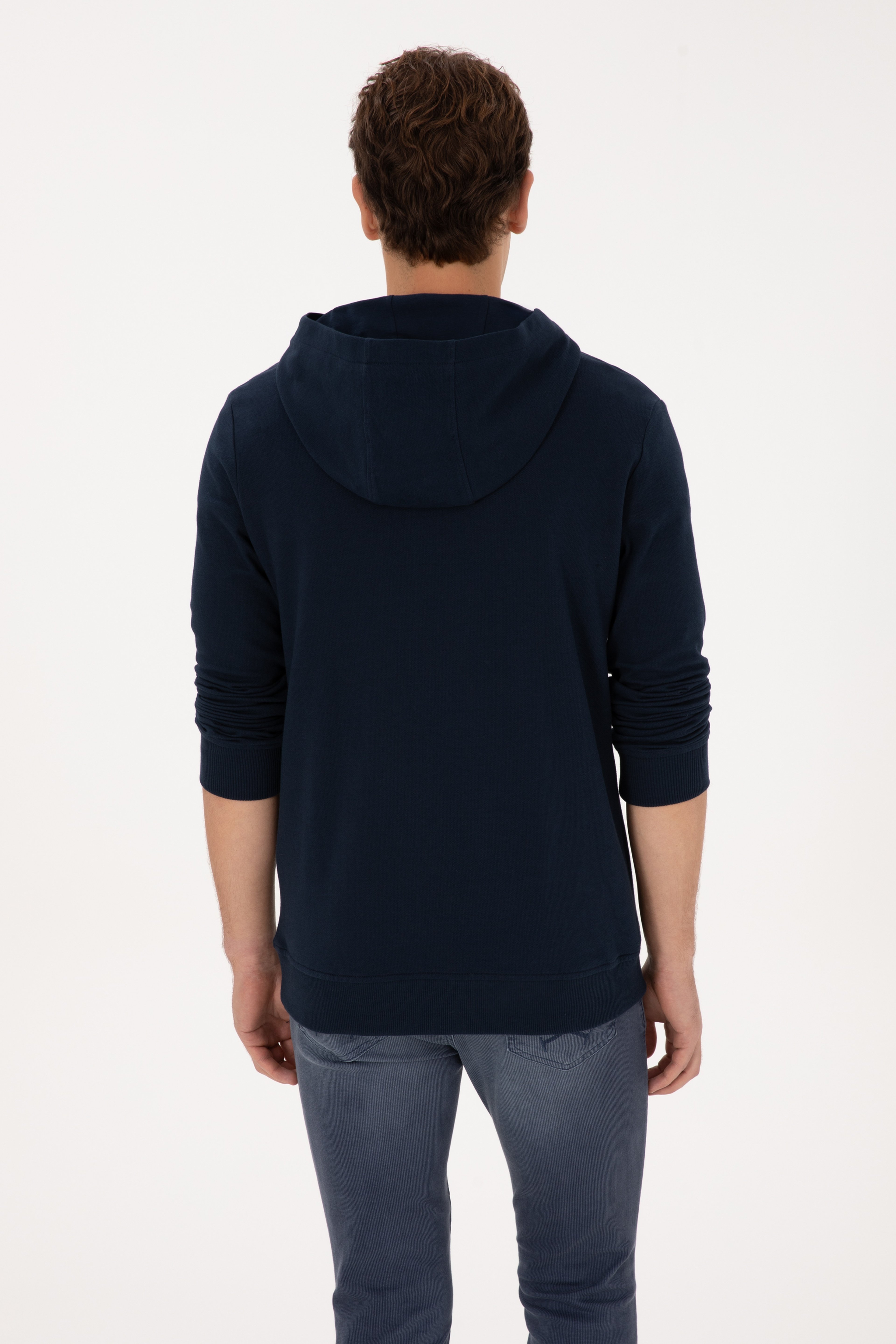 Erkek Regular Fit Yarım Fermuarlı Kapüşonlu Lacivert Sweatshirt - Image 5