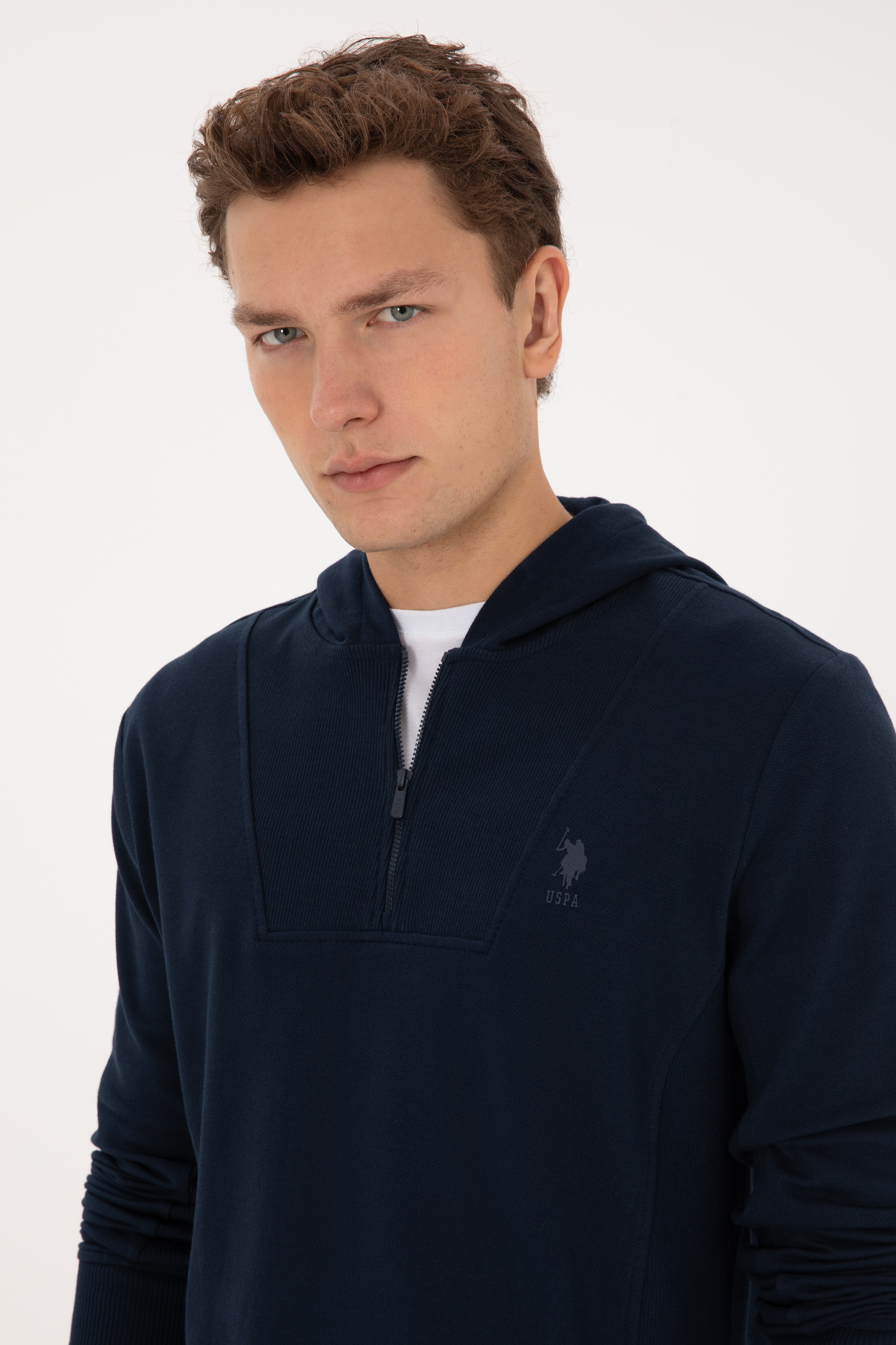Erkek Regular Fit Yarım Fermuarlı Kapüşonlu Lacivert Sweatshirt - Image 2