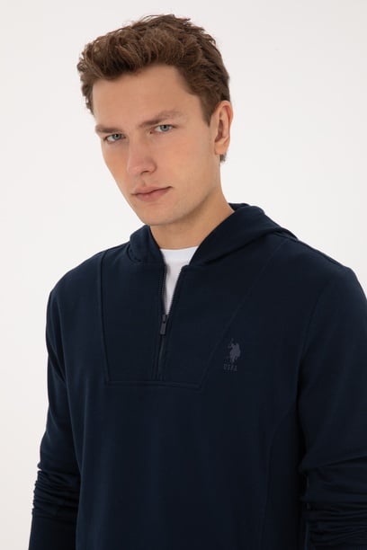 Erkek Regular Fit Yarım Fermuarlı Kapüşonlu Lacivert Sweatshirt