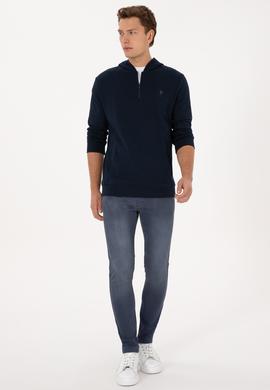 Erkek Regular Fit Yarım Fermuarlı Kapüşonlu Lacivert Sweatshirt - 50316391041