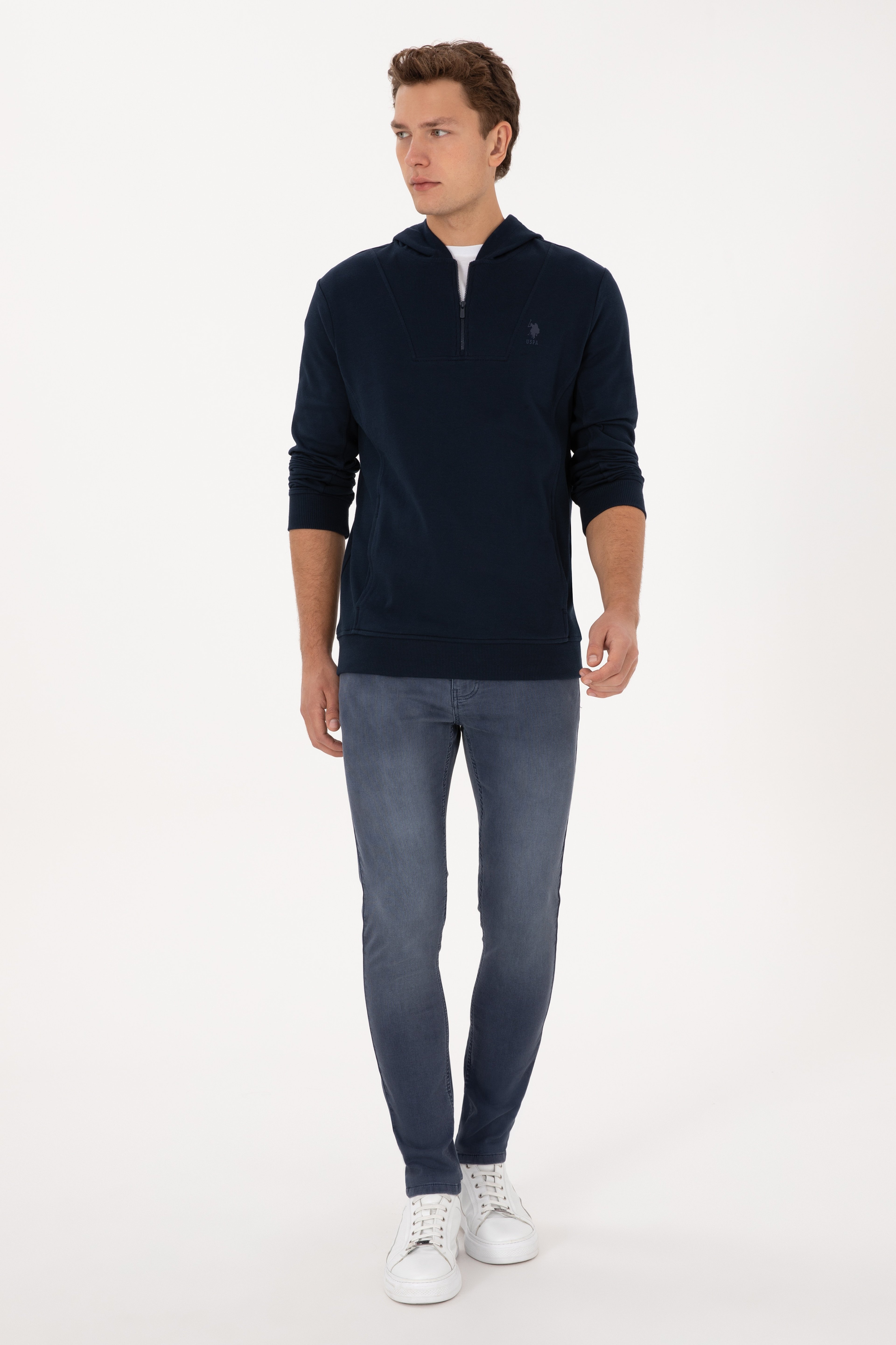 Erkek Regular Fit Yarım Fermuarlı Kapüşonlu Lacivert Sweatshirt