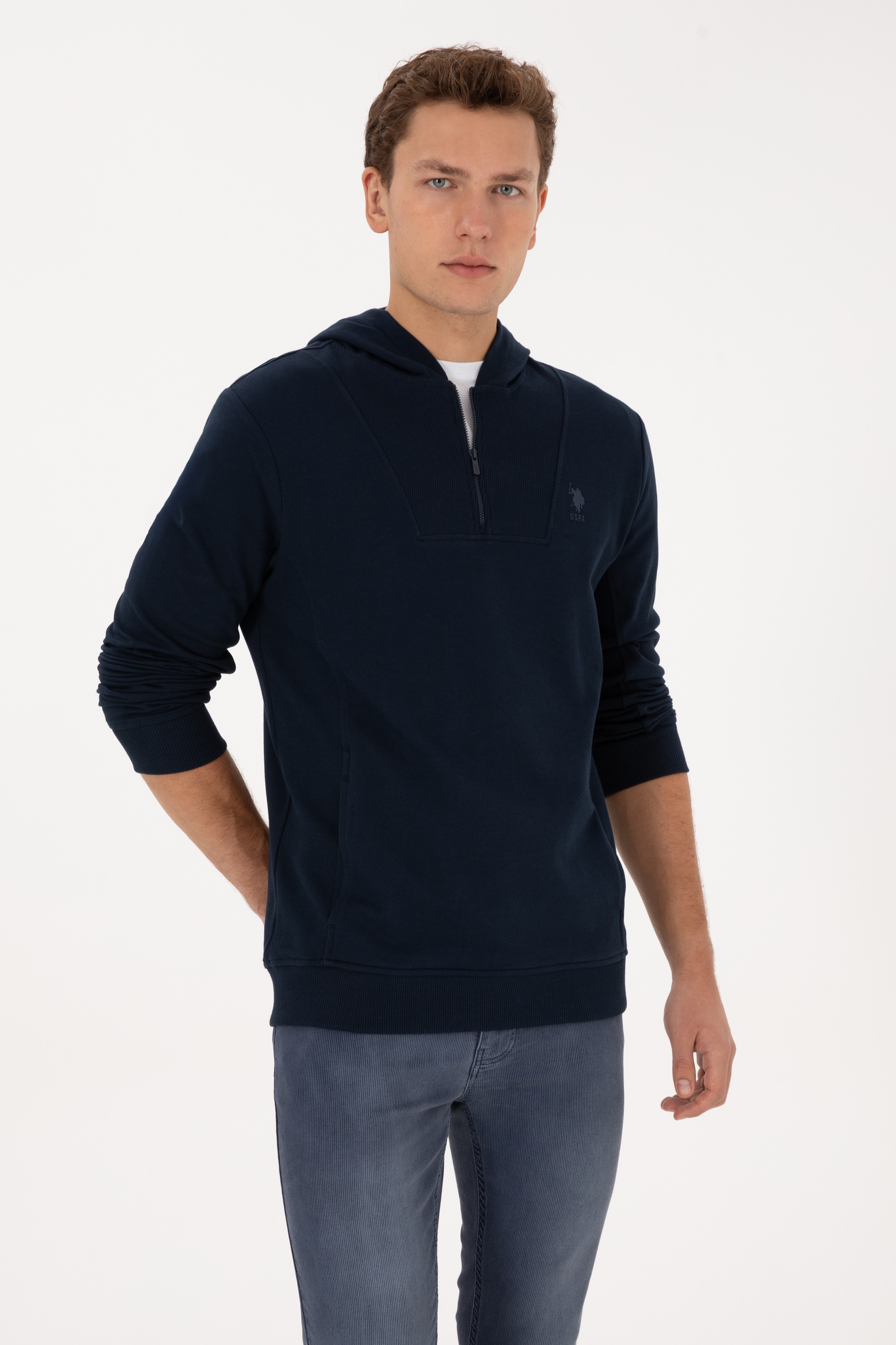 Erkek Regular Fit Yarım Fermuarlı Kapüşonlu Lacivert Sweatshirt - Image 3