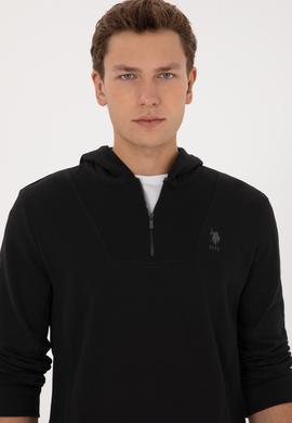 Erkek Regular Fit Yarım Fermuarlı Kapüşonlu Siyah Sweatshirt - 50316391031