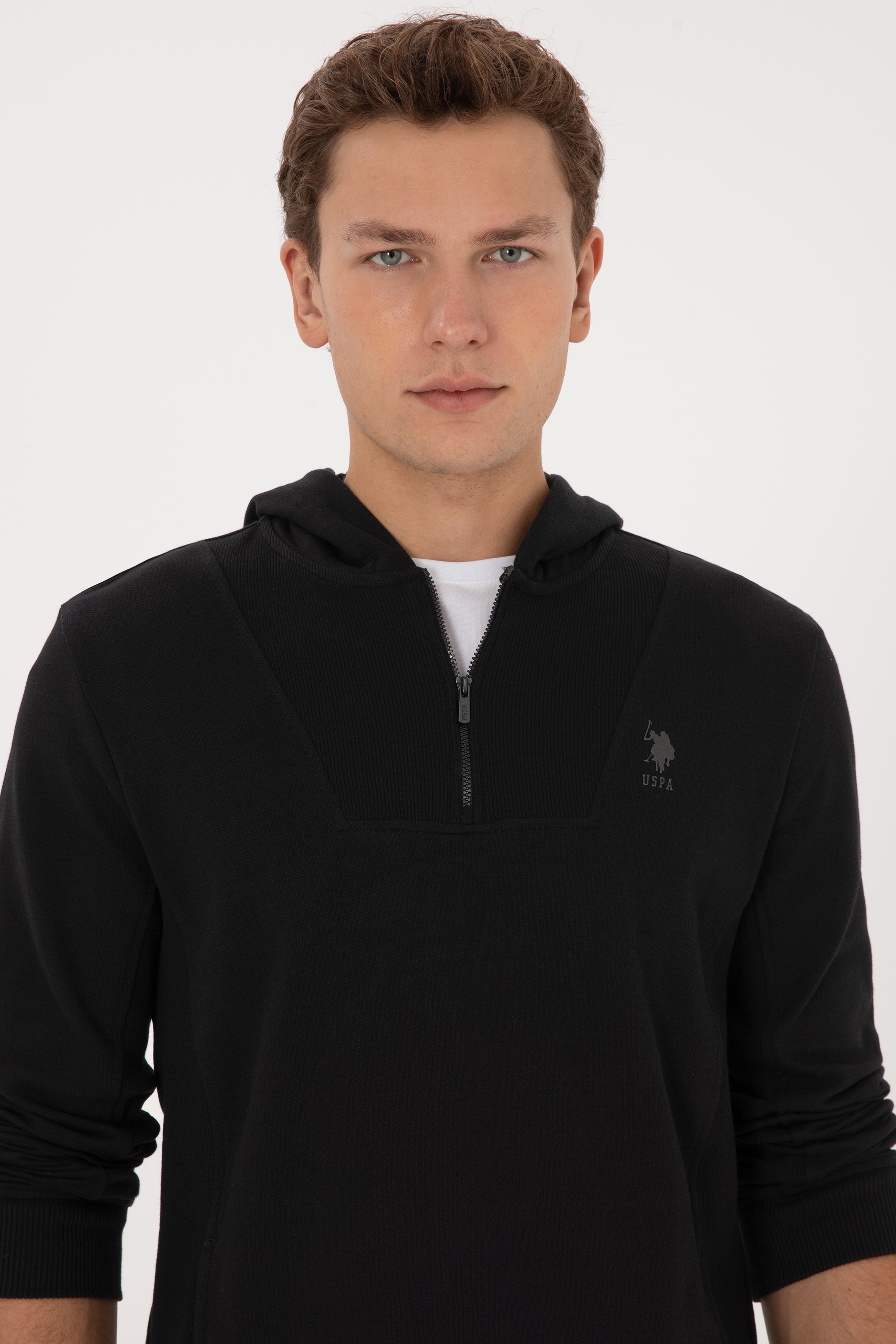 Erkek Regular Fit Yarım Fermuarlı Kapüşonlu Siyah Sweatshirt - Image 2