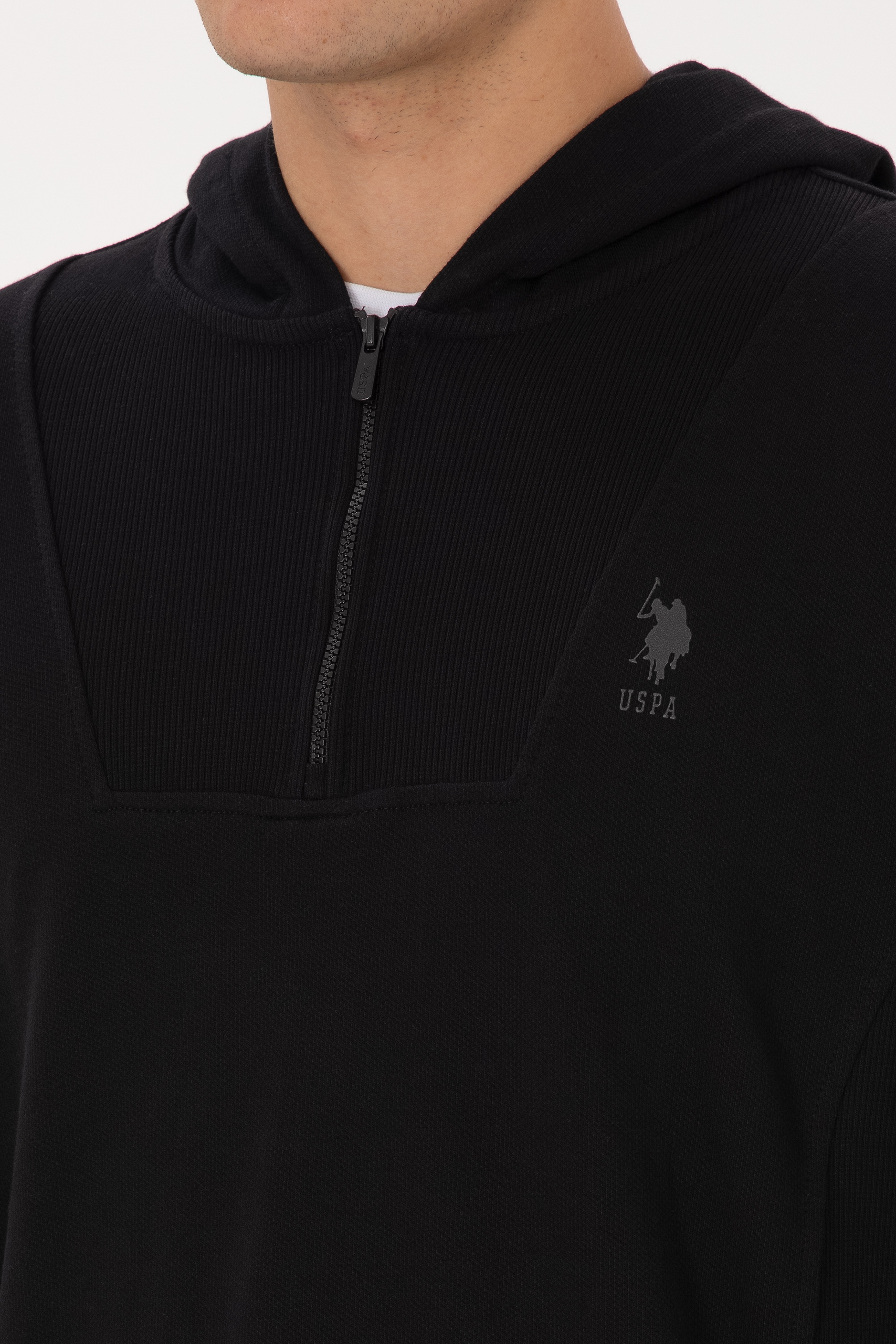 Erkek Regular Fit Yarım Fermuarlı Kapüşonlu Siyah Sweatshirt