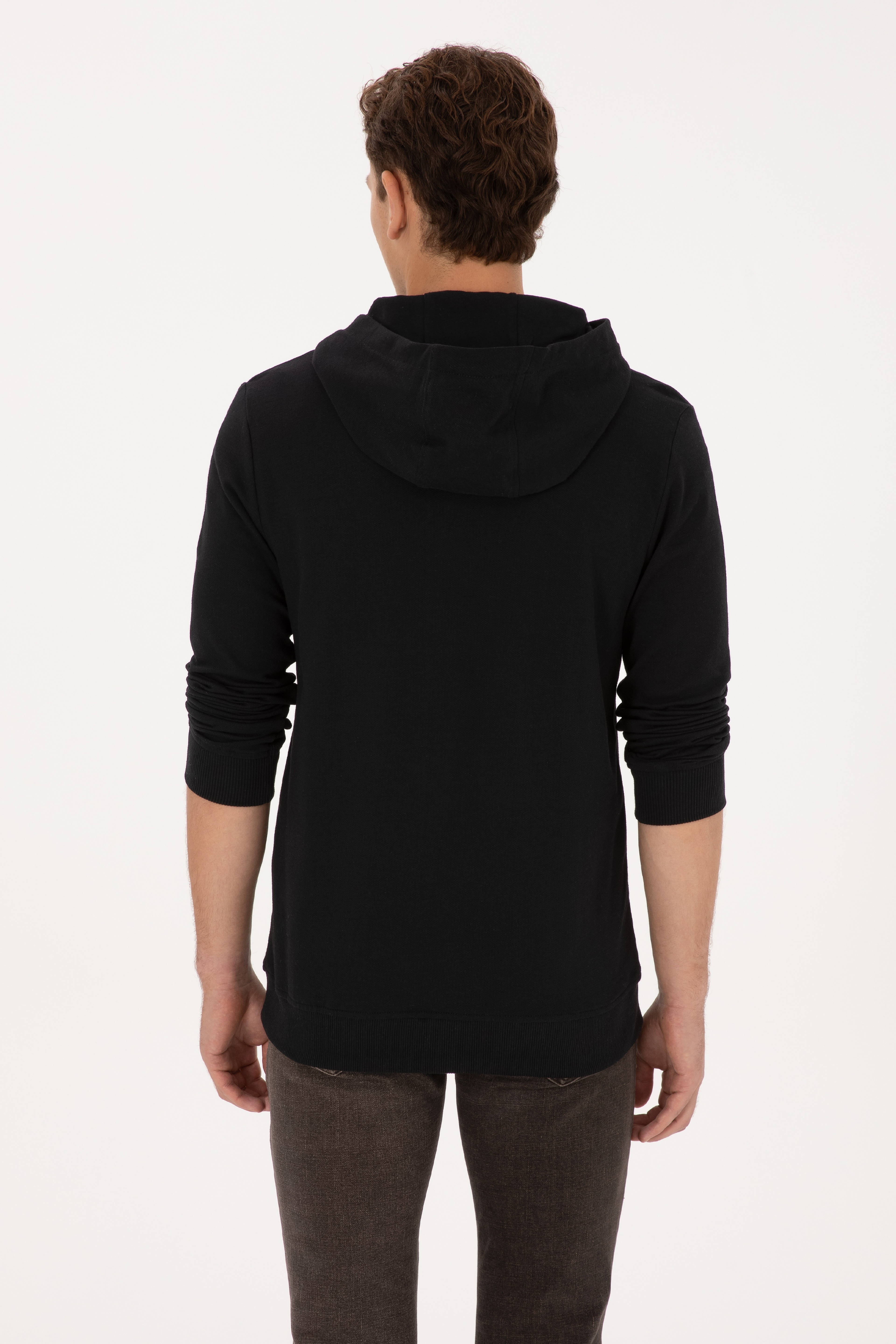 Erkek Regular Fit Yarım Fermuarlı Kapüşonlu Siyah Sweatshirt
