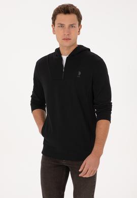 Erkek Regular Fit Yarım Fermuarlı Kapüşonlu Siyah Sweatshirt - 50316391031