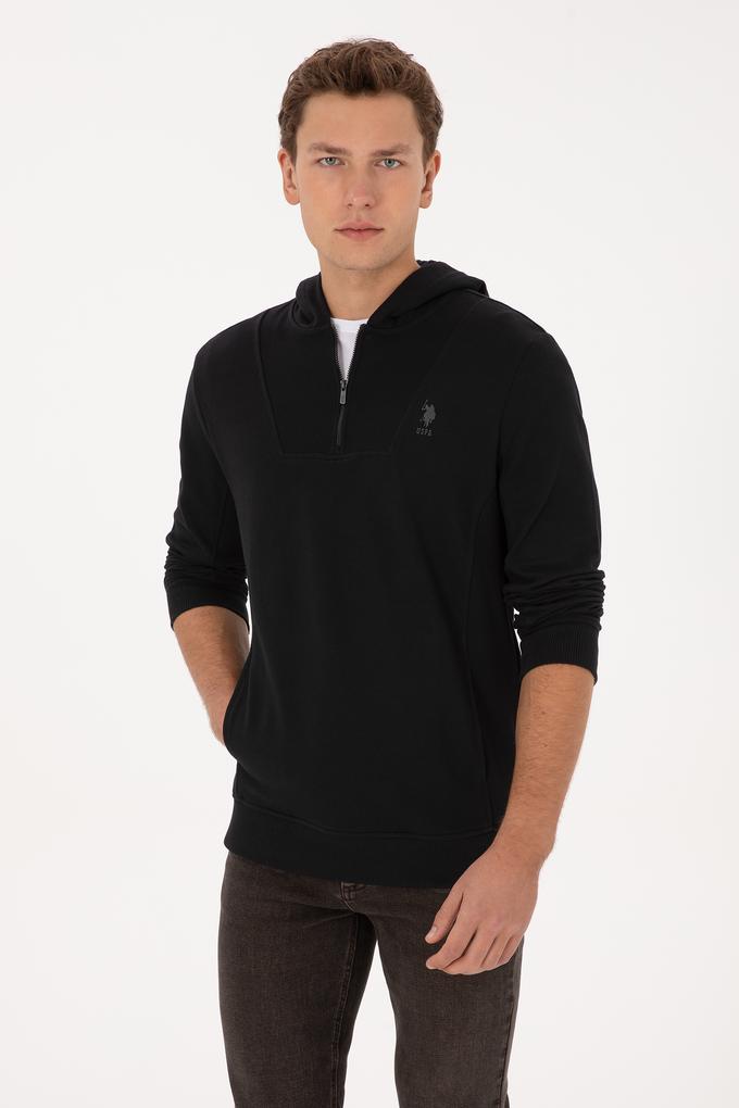 Erkek Regular Fit Yarım Fermuarlı Kapüşonlu Siyah Sweatshirt
