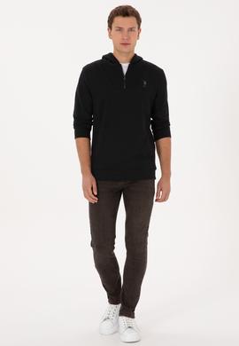 Erkek Regular Fit Yarım Fermuarlı Kapüşonlu Siyah Sweatshirt - 50316391031