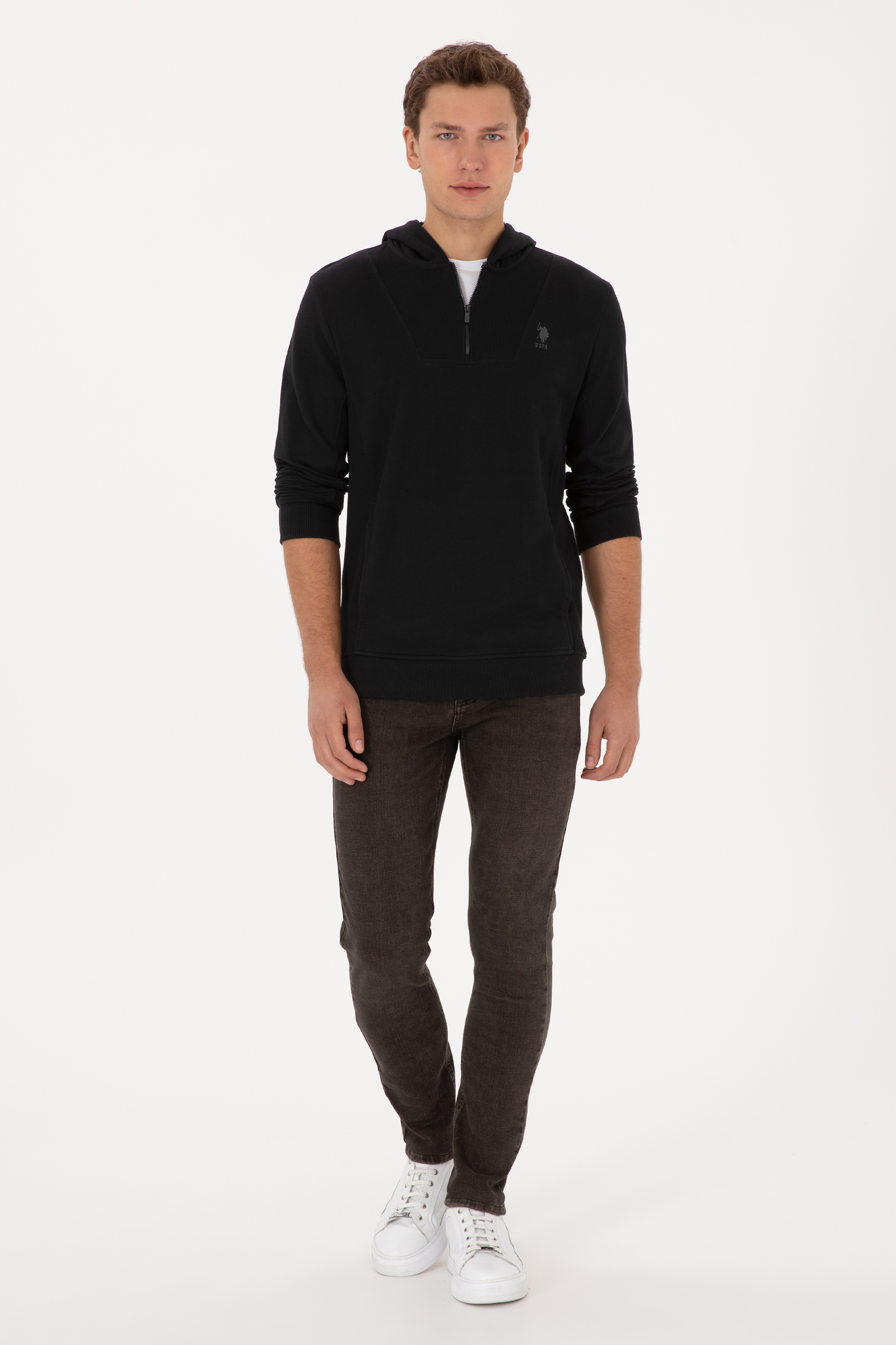 Erkek Regular Fit Yarım Fermuarlı Kapüşonlu Siyah Sweatshirt