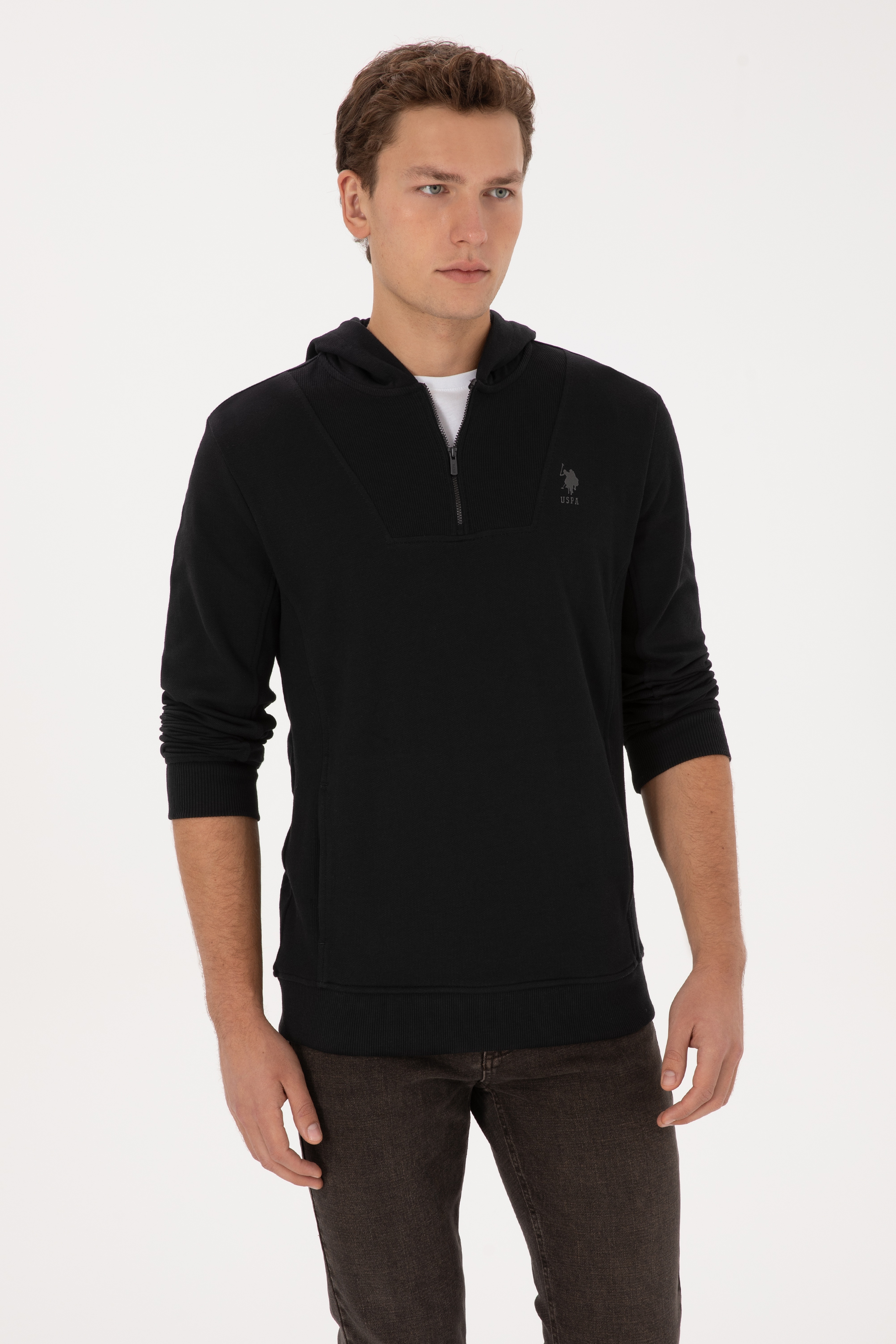 Erkek Regular Fit Yarım Fermuarlı Kapüşonlu Siyah Sweatshirt