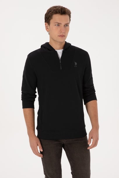 Erkek Regular Fit Yarım Fermuarlı Kapüşonlu Siyah Sweatshirt