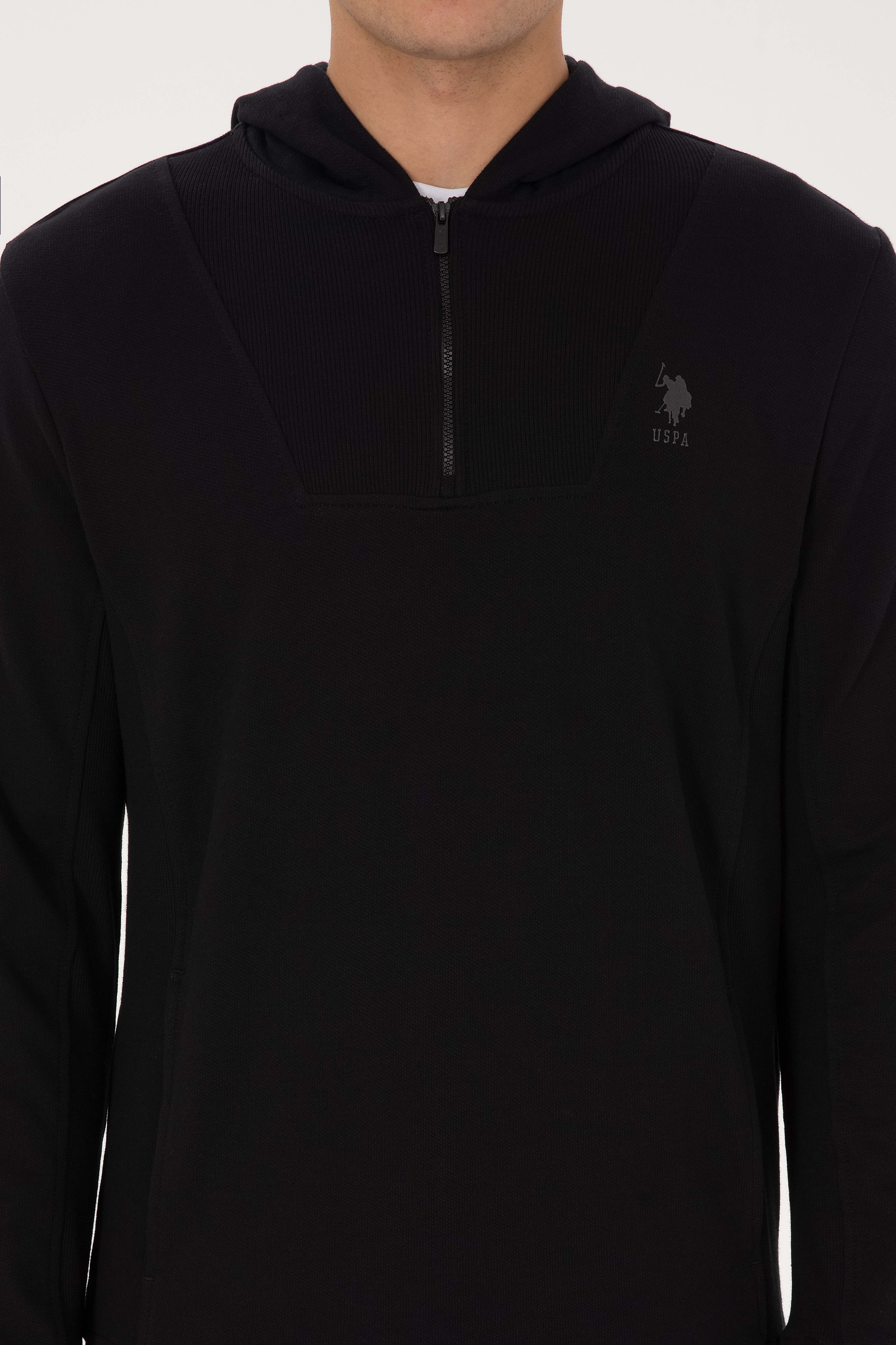 Erkek Regular Fit Yarım Fermuarlı Kapüşonlu Siyah Sweatshirt - Image 6