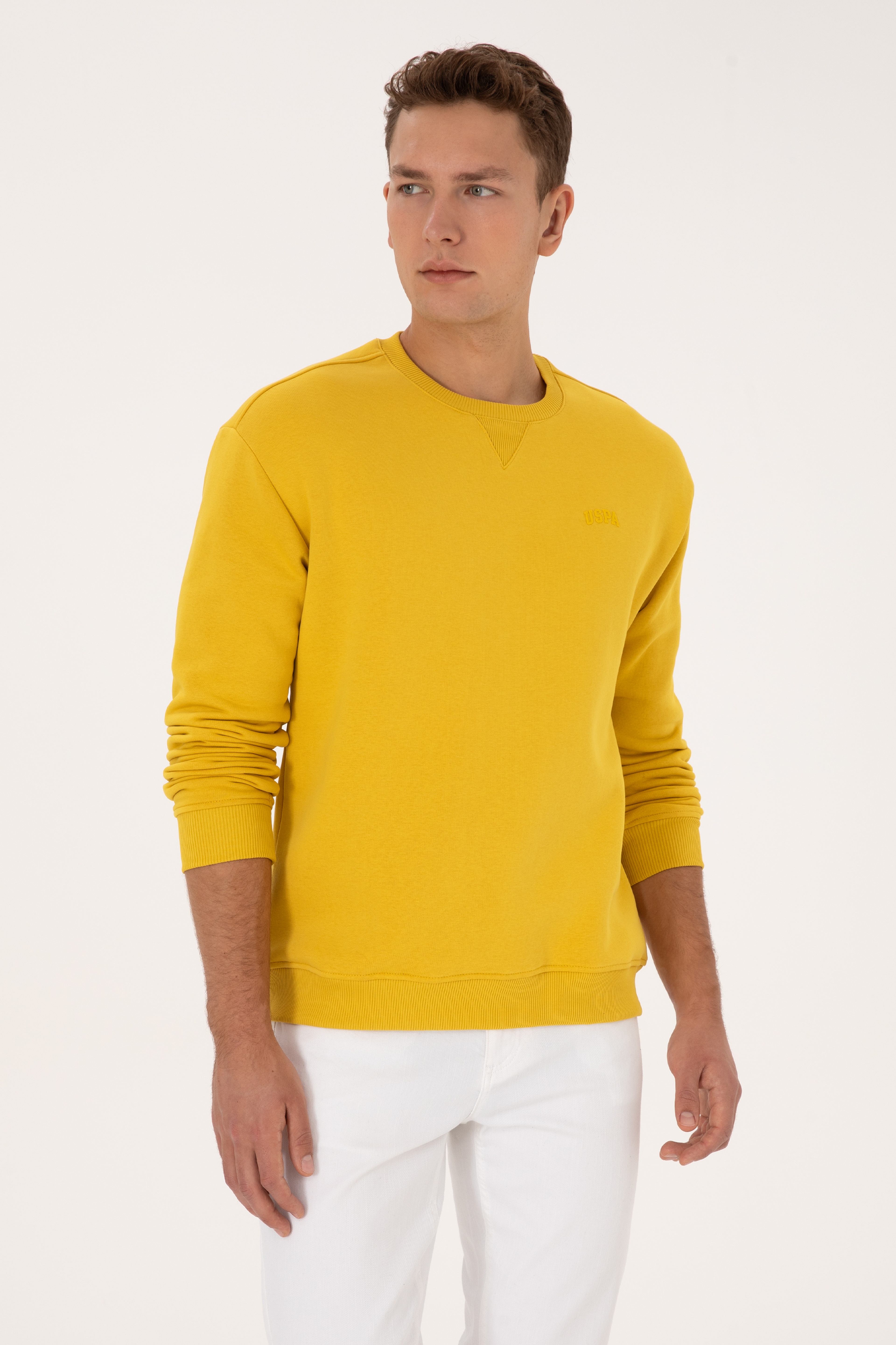 Erkek Comfort Fit Bisiklet Yaka Şardonlu Sarı Basic Sweatshirt