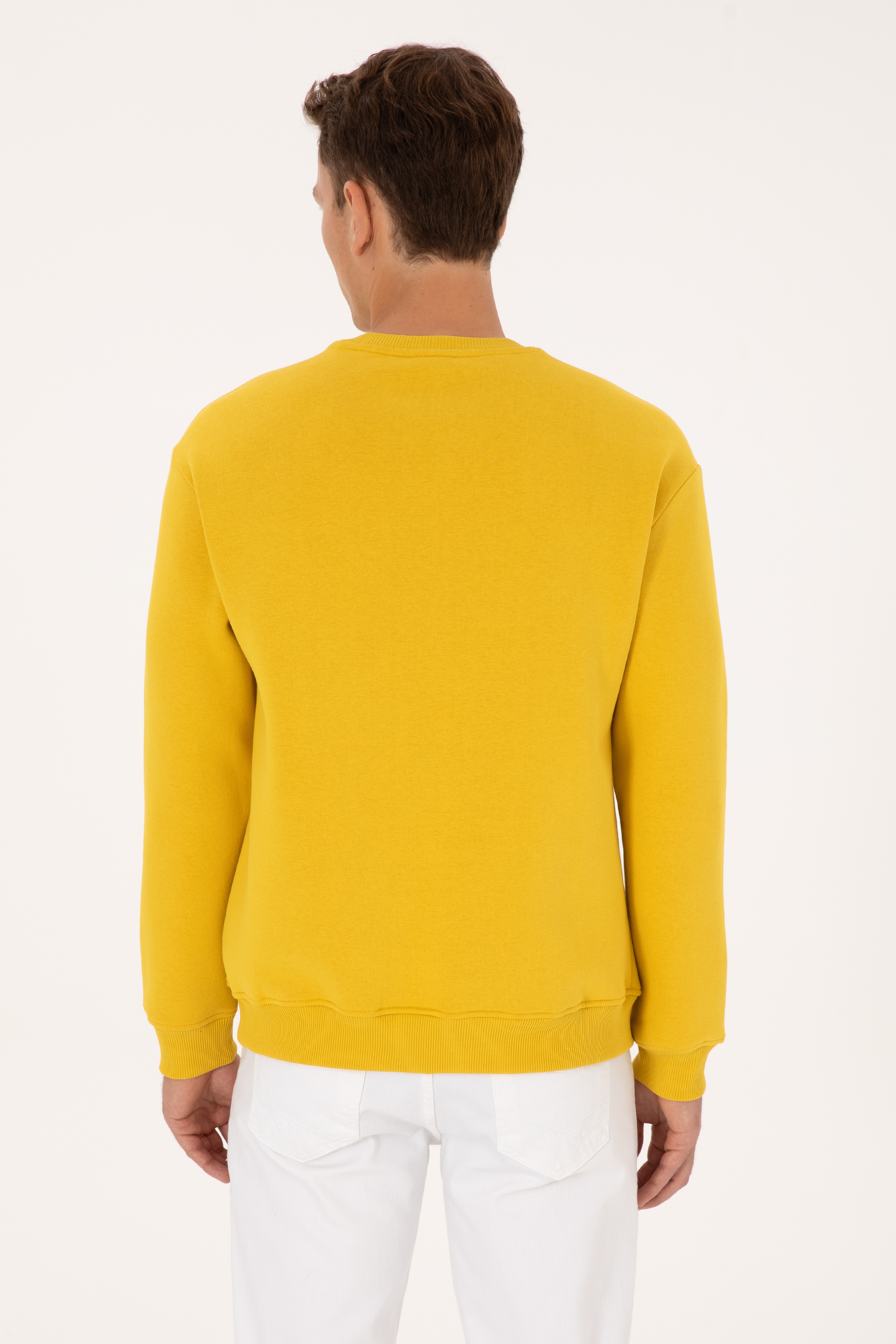Erkek Comfort Fit Bisiklet Yaka Şardonlu Sarı Basic Sweatshirt