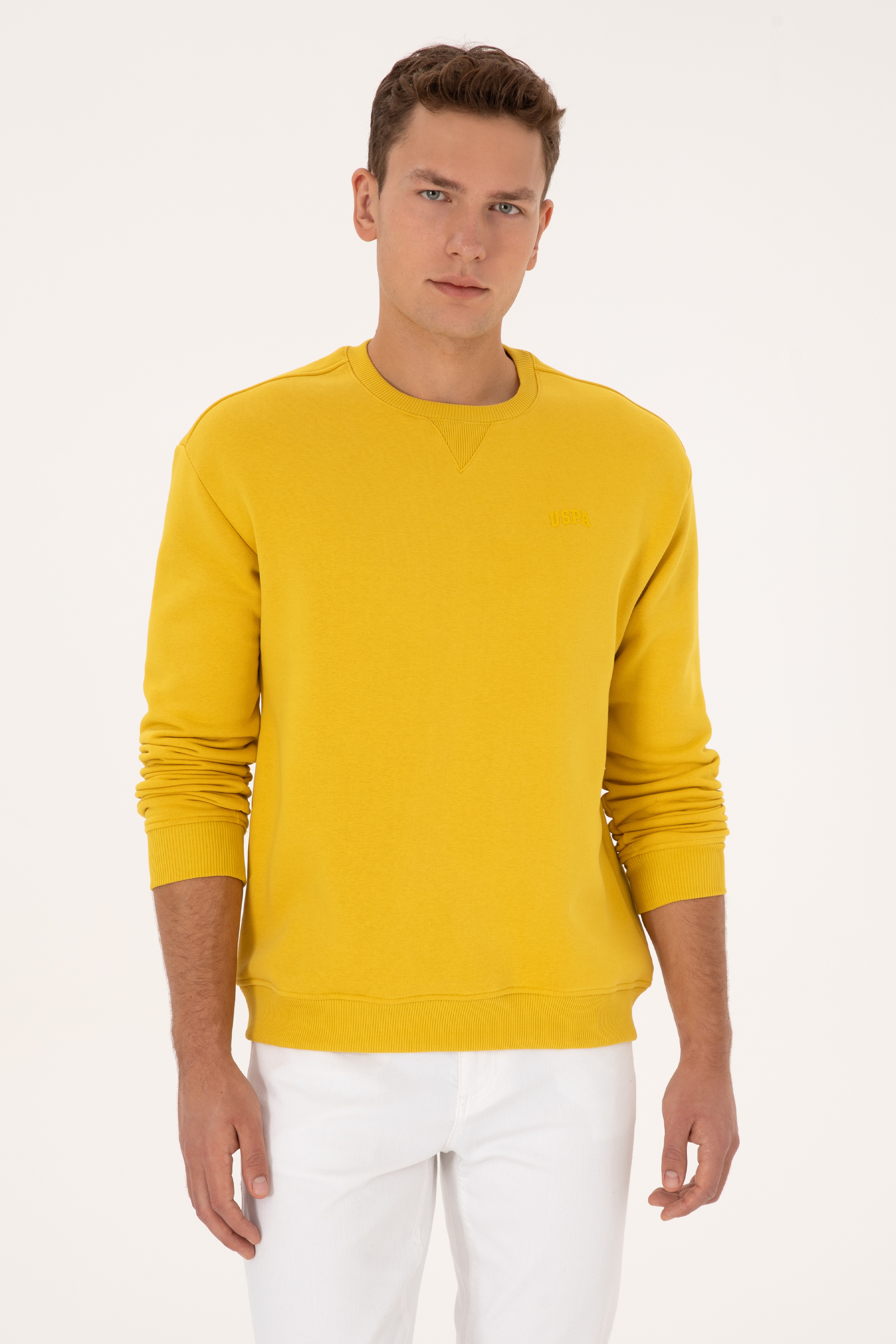 Erkek Comfort Fit Bisiklet Yaka Şardonlu Sarı Basic Sweatshirt - Image 1