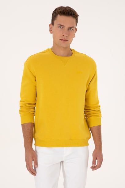 Erkek Comfort Fit Bisiklet Yaka Şardonlu Sarı Basic Sweatshirt