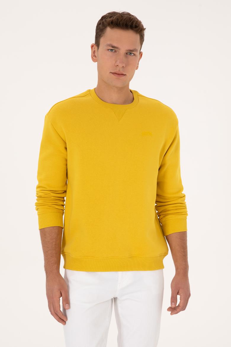 Erkek Comfort Fit Bisiklet Yaka Şardonlu Sarı Basic Sweatshirt
