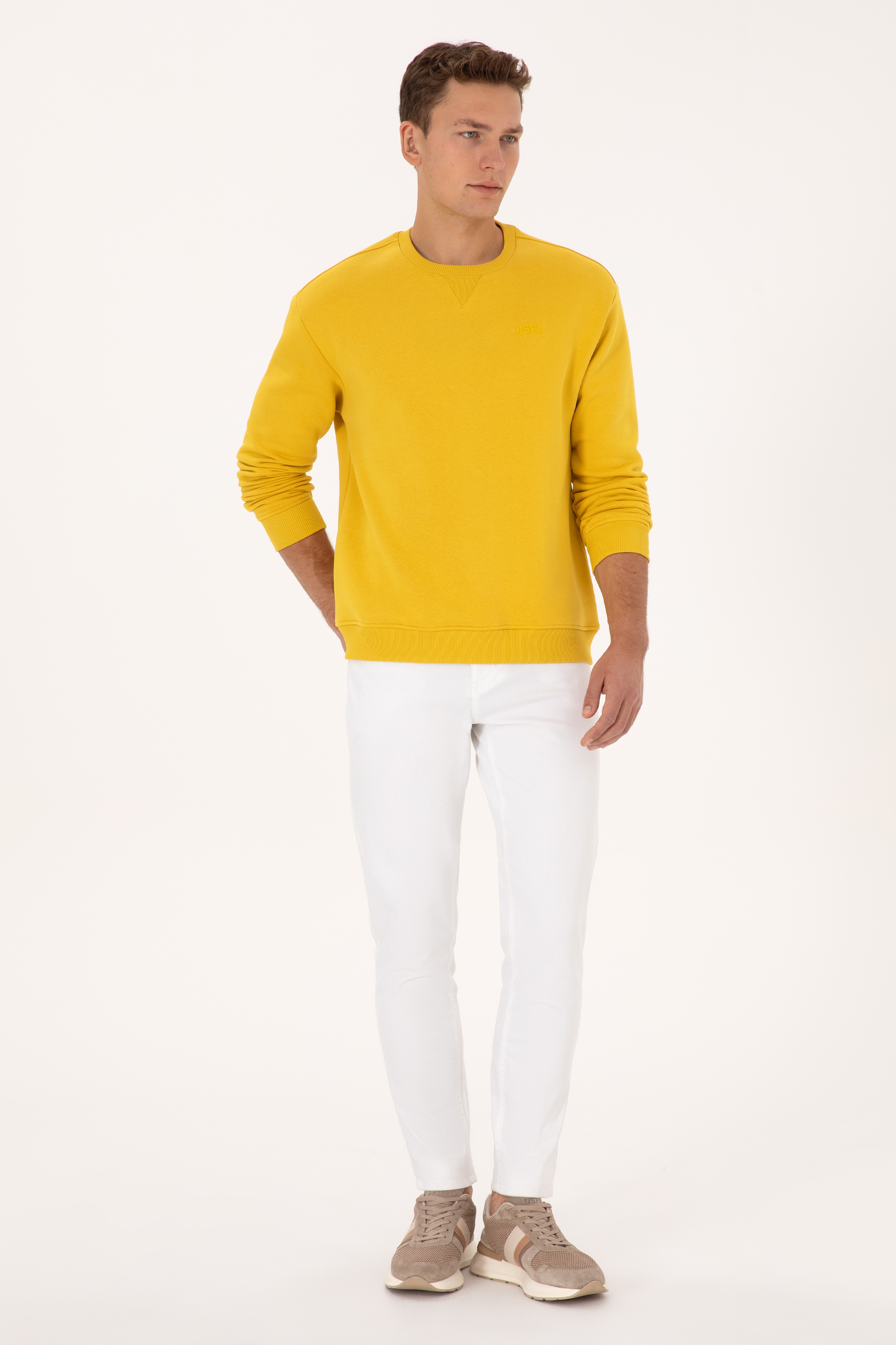 Erkek Comfort Fit Bisiklet Yaka Şardonlu Sarı Basic Sweatshirt - Image 4