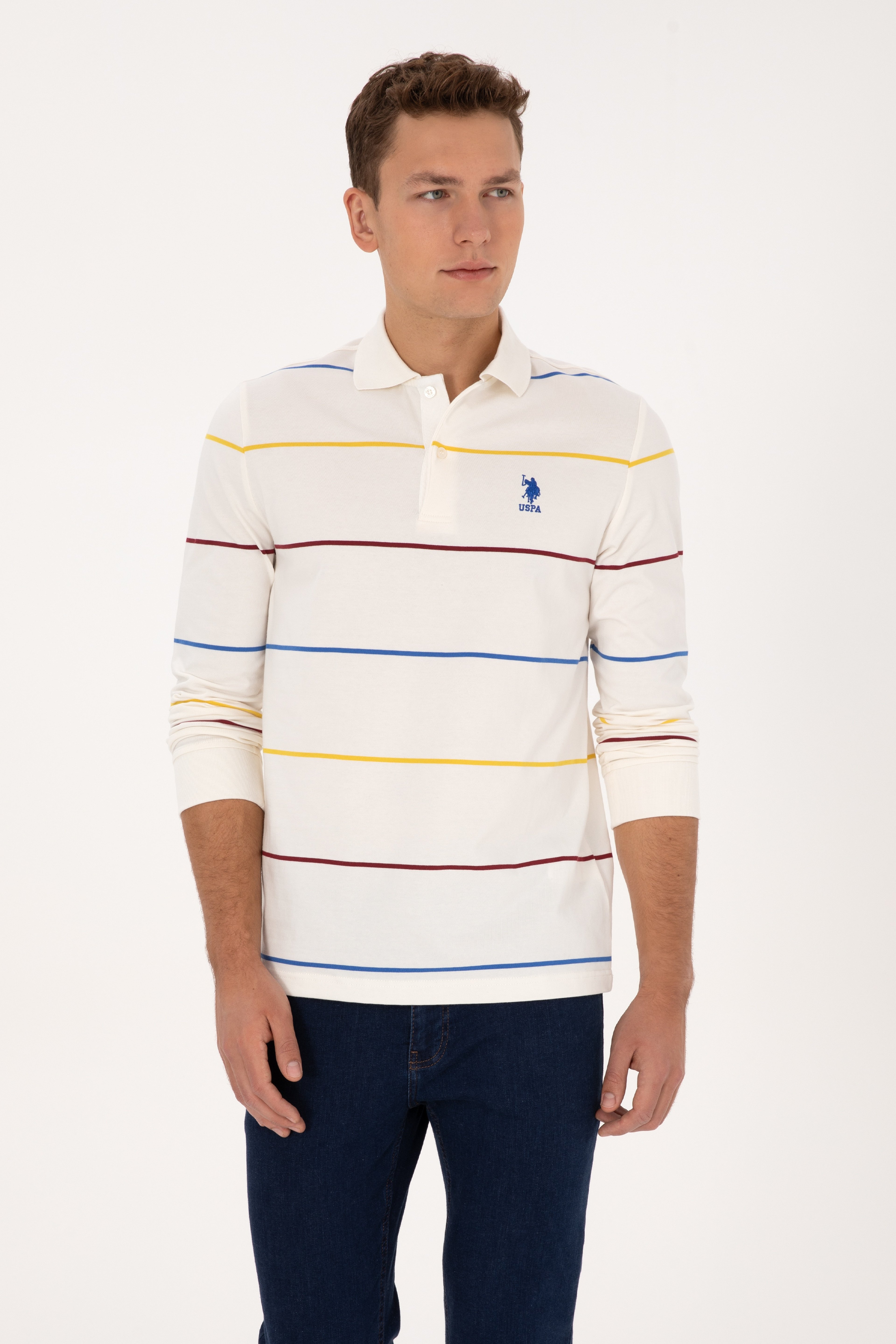 Erkek Regular Fit Polo Yaka Çizgili Krem Sweatshirt - Image 1