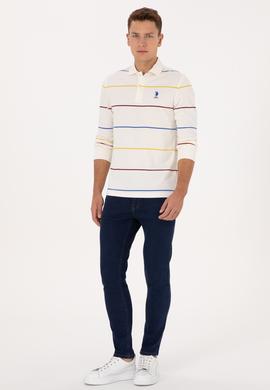 Erkek Regular Fit Polo Yaka Çizgili Krem Sweatshirt - 50308761018