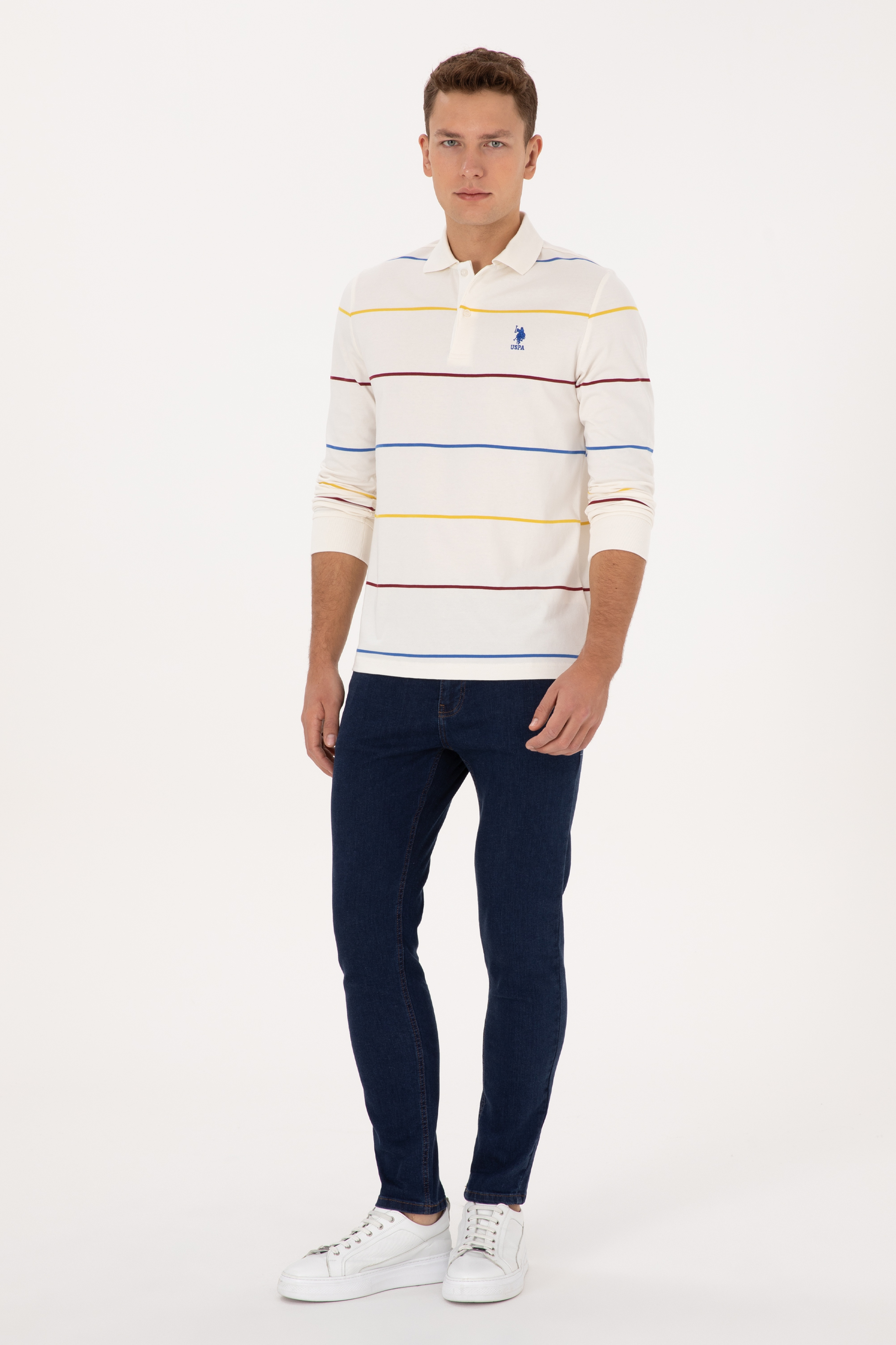 Erkek Regular Fit Polo Yaka Çizgili Krem Sweatshirt - Image 4