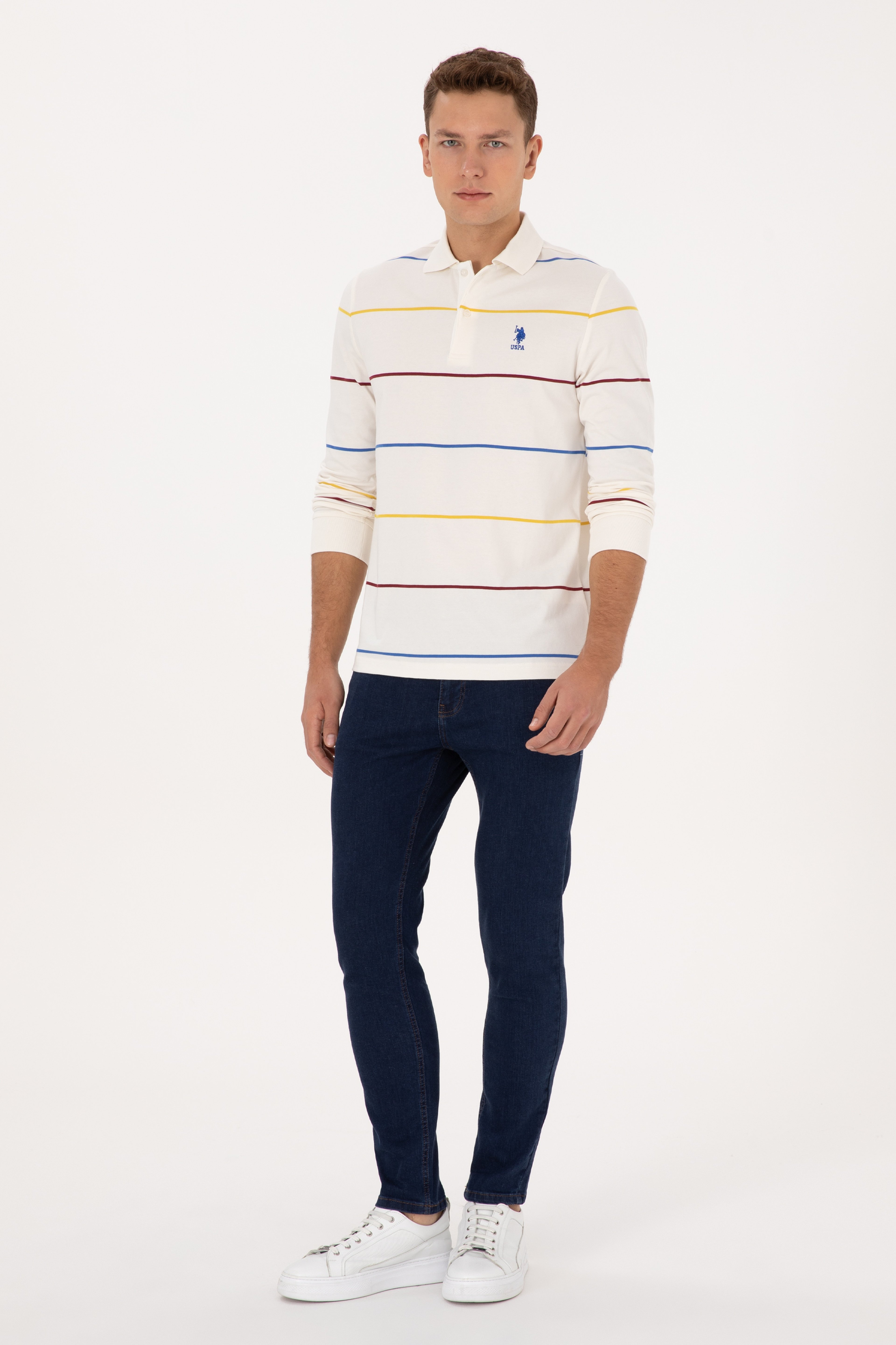 Erkek Regular Fit Polo Yaka Çizgili Krem Sweatshirt
