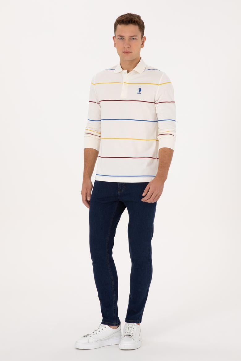 Erkek Regular Fit Polo Yaka Çizgili Krem Sweatshirt - 50308761018