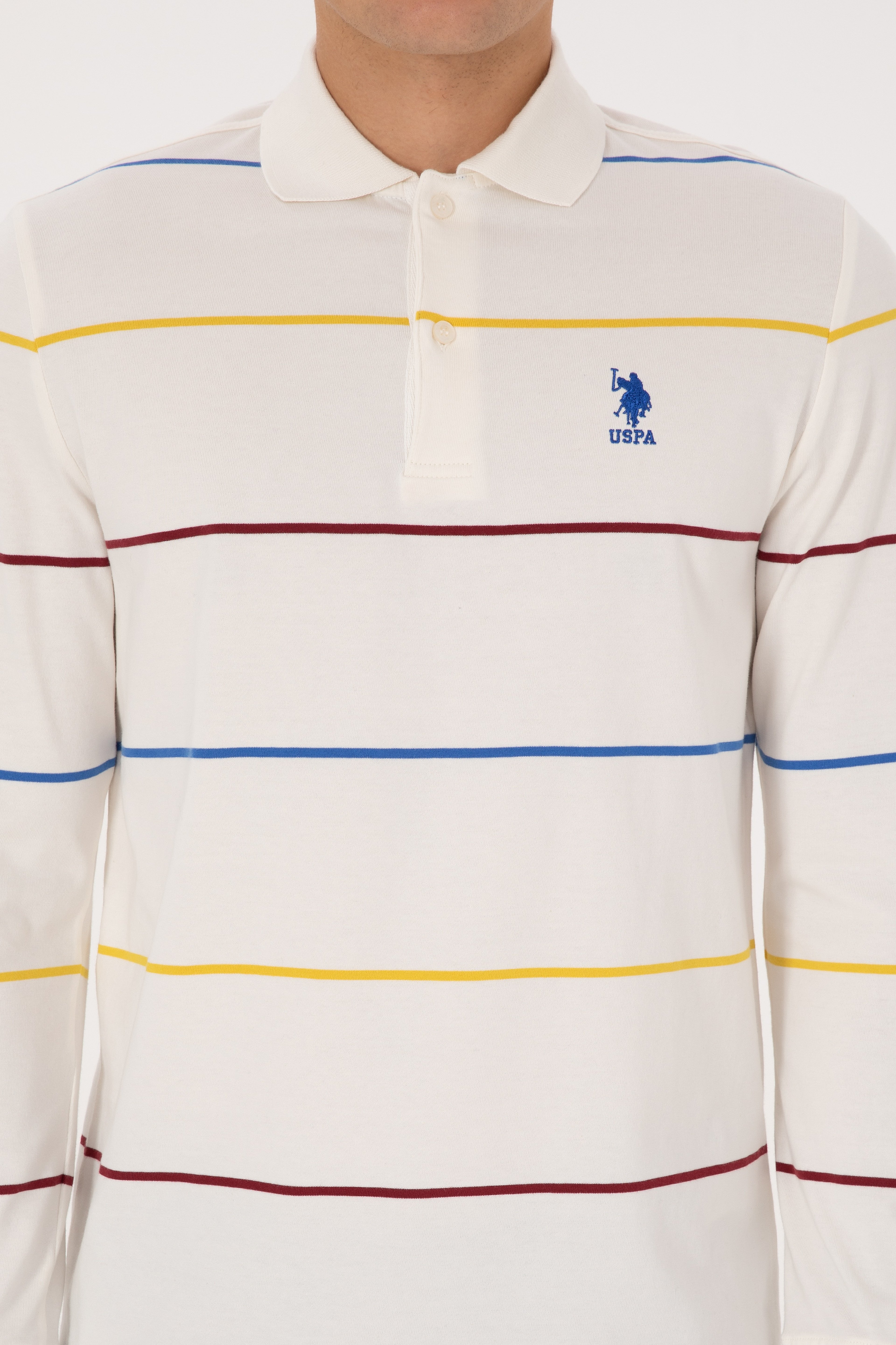 Erkek Regular Fit Polo Yaka Çizgili Krem Sweatshirt - Image 6