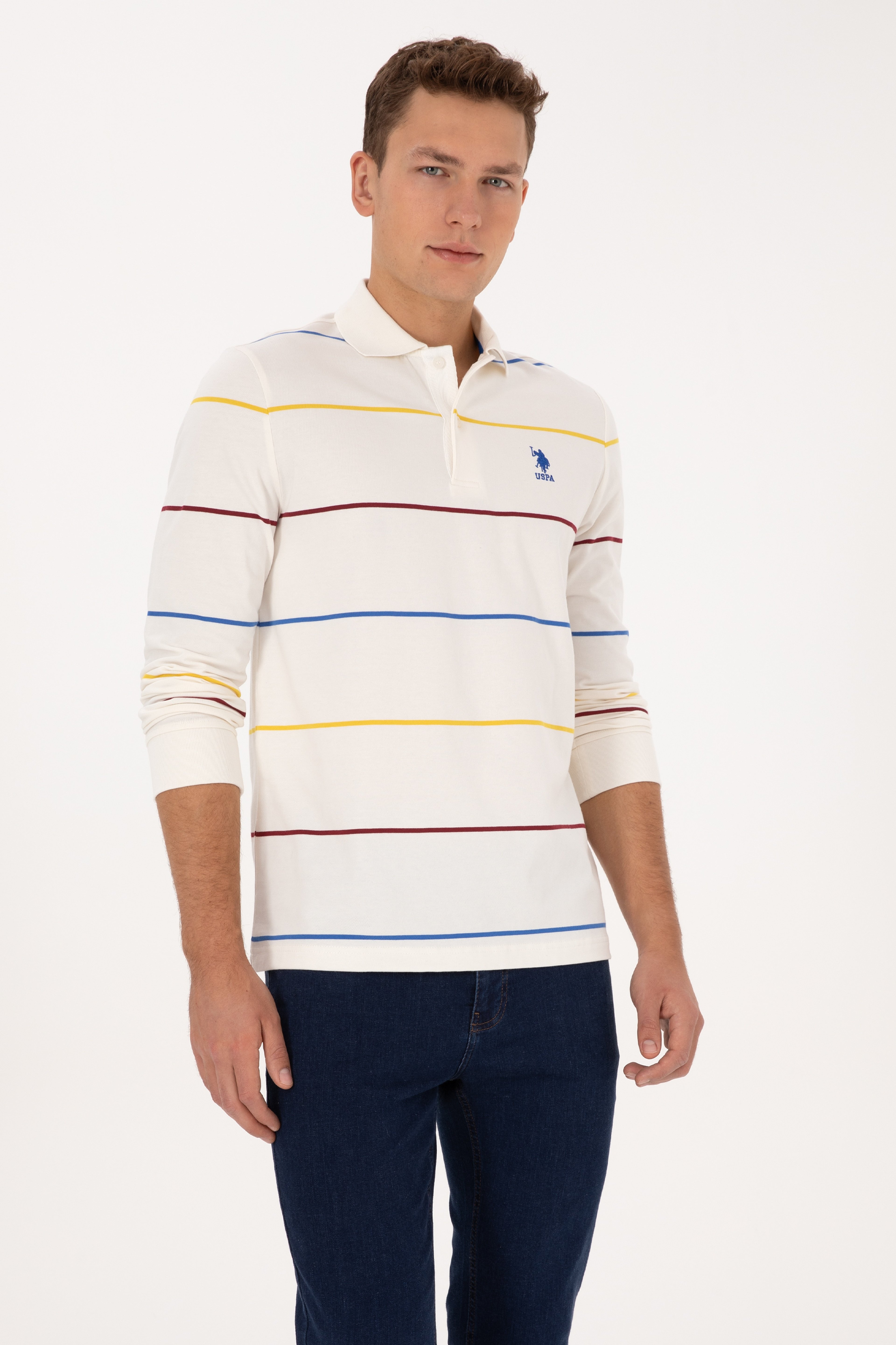 Erkek Regular Fit Polo Yaka Çizgili Krem Sweatshirt - Image 3