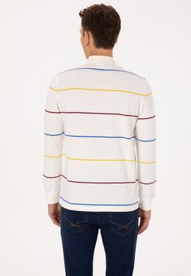 Erkek Regular Fit Polo Yaka Çizgili Krem Sweatshirt - 50308761018