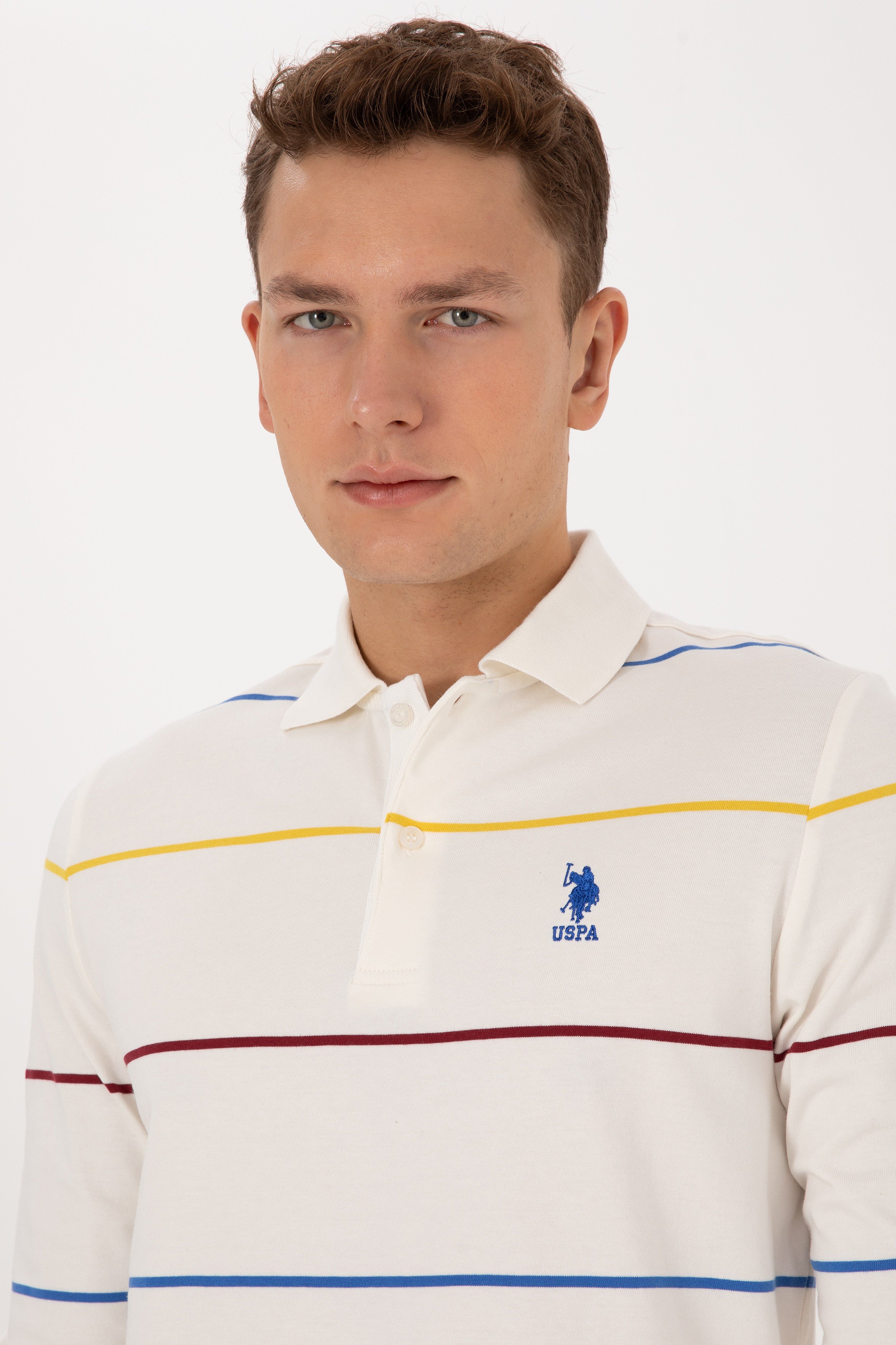 Erkek Regular Fit Polo Yaka Çizgili Krem Sweatshirt