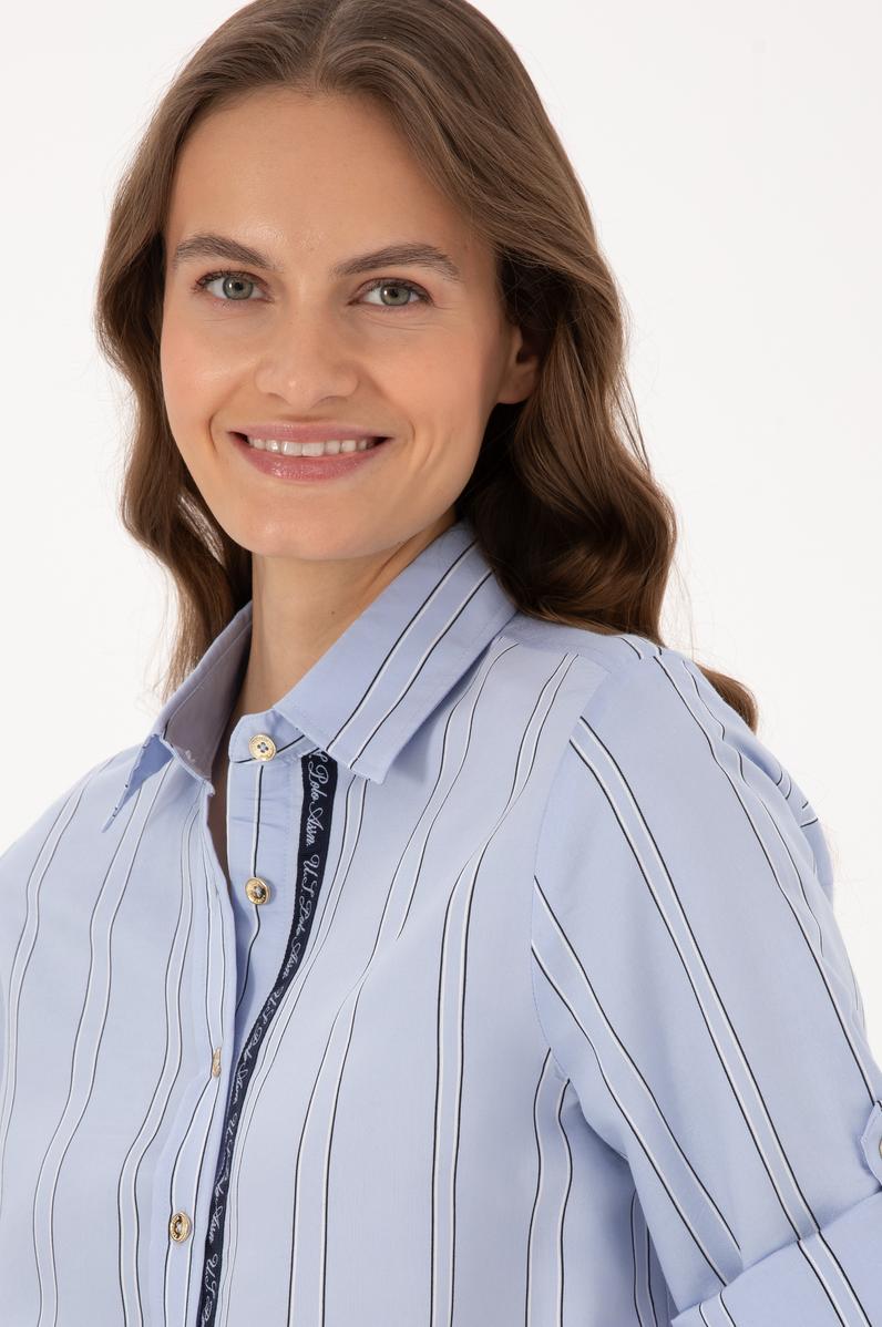 Kadın Açık Mavi Uzun Kollu Çizgili Gömlek