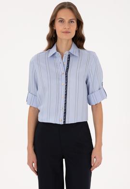 Kadın Açık Mavi Uzun Kollu Çizgili Gömlek - 50308645011