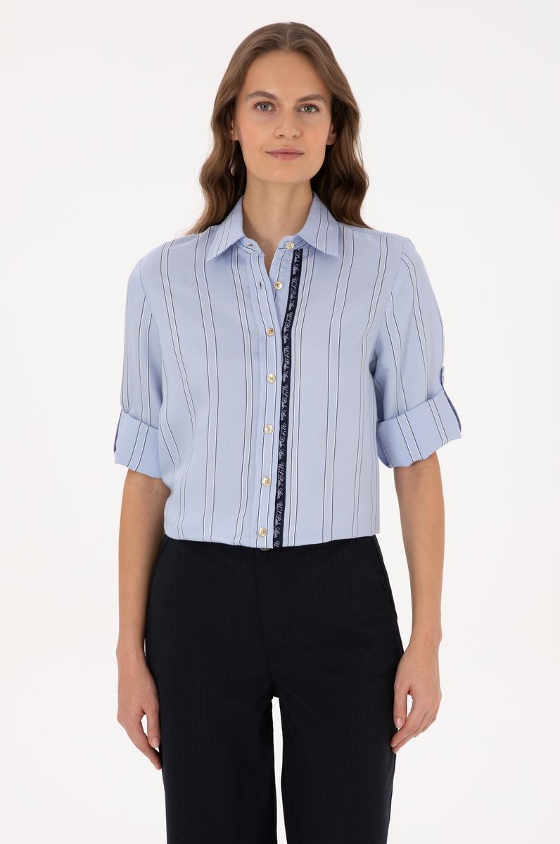 Kadın Açık Mavi Uzun Kollu Çizgili Gömlek