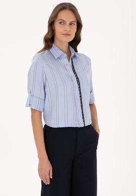 Kadın Açık Mavi Uzun Kollu Çizgili Gömlek - 50308645011