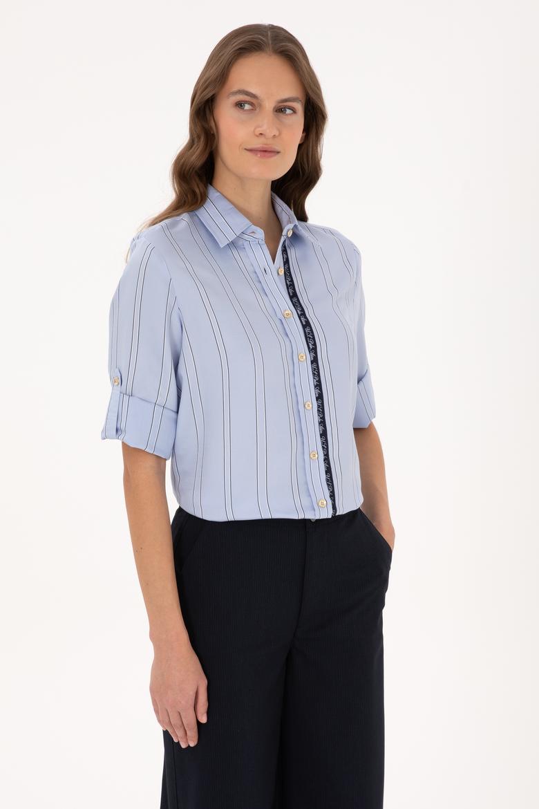 Kadın Açık Mavi Uzun Kollu Çizgili Gömlek - 50308645011