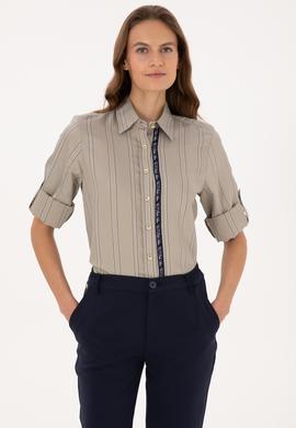 Kadın Açık Haki Uzun Kollu Çizgili Gömlek - 50308645003