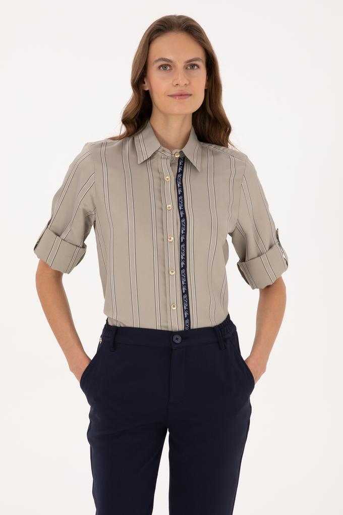 Kadın Açık Haki Uzun Kollu Çizgili Gömlek