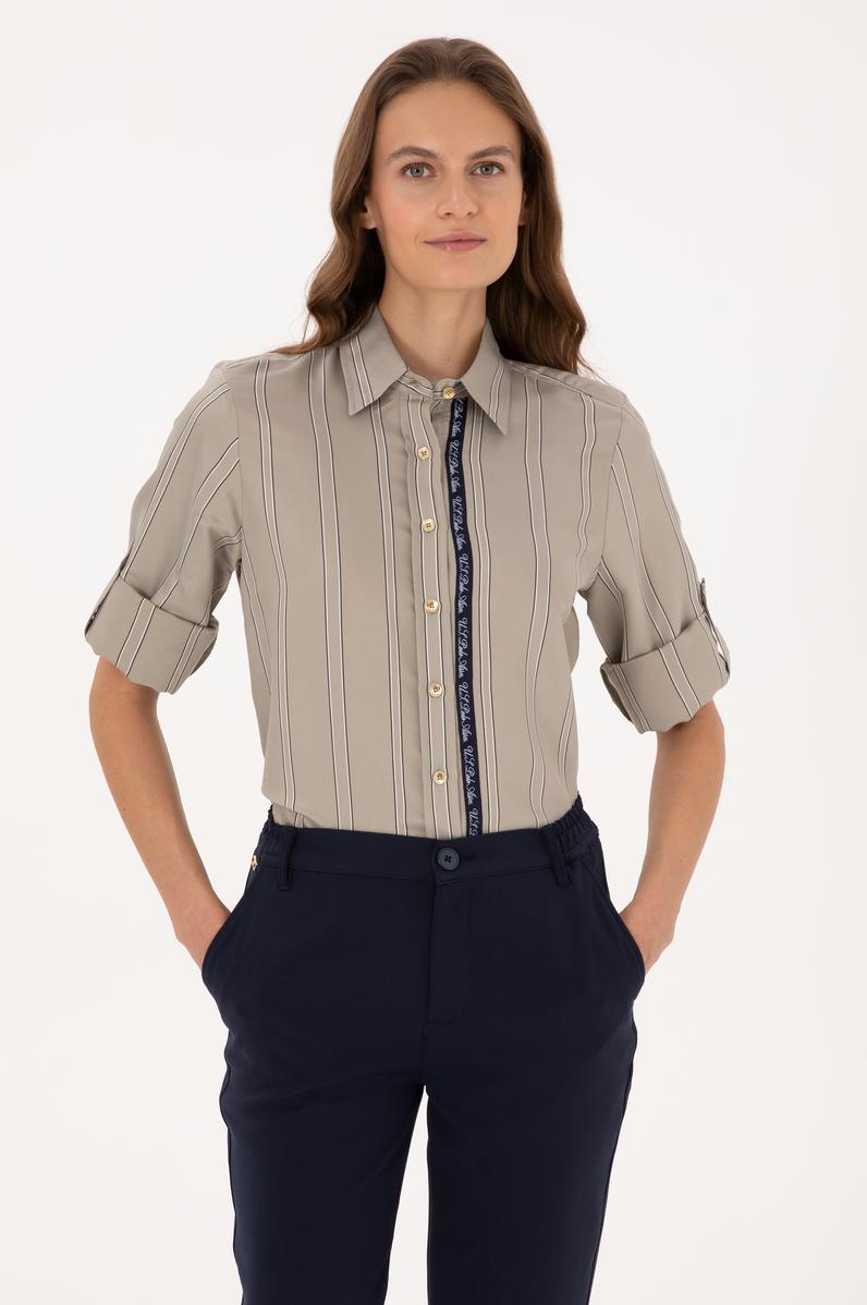 Kadın Açık Haki Uzun Kollu Çizgili Gömlek