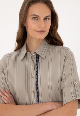 Kadın Açık Haki Uzun Kollu Çizgili Gömlek - 50308645003