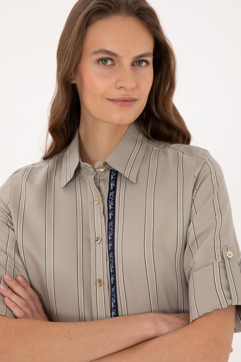 Kadın Açık Haki Uzun Kollu Çizgili Gömlek - 50308645003