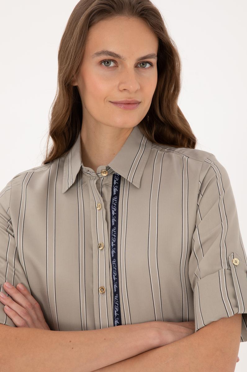 Kadın Açık Haki Uzun Kollu Çizgili Gömlek