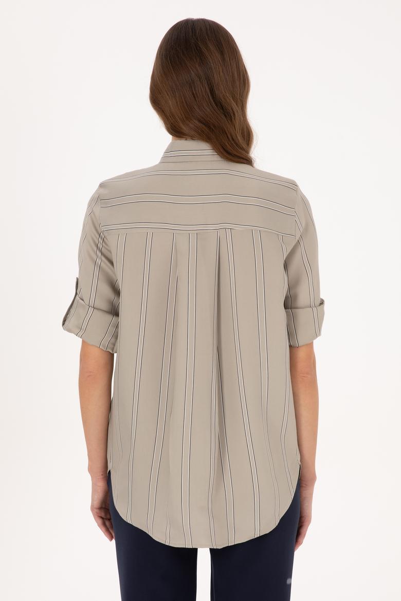 Kadın Açık Haki Uzun Kollu Çizgili Gömlek - 50308645003