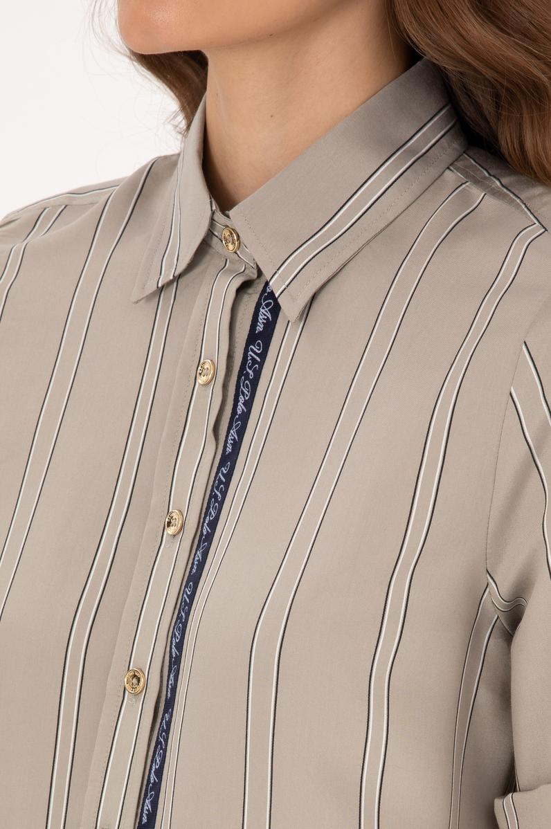 Kadın Açık Haki Uzun Kollu Çizgili Gömlek