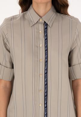 Kadın Açık Haki Uzun Kollu Çizgili Gömlek - 50308645003