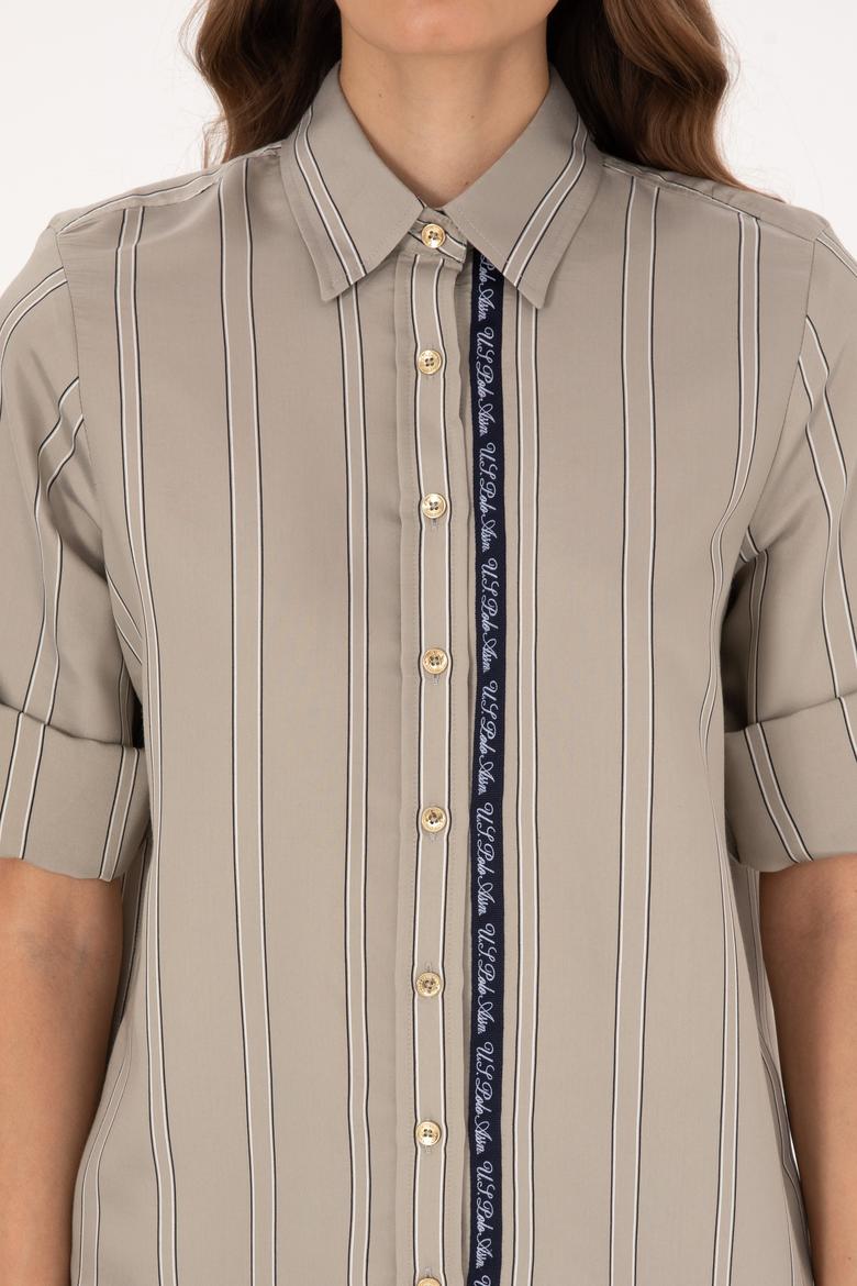 Kadın Açık Haki Uzun Kollu Çizgili Gömlek - 50308645003